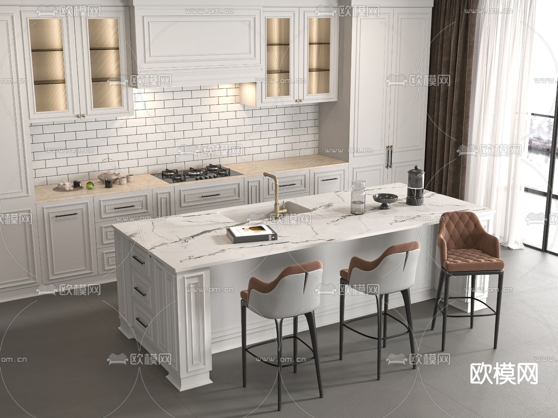 美式吧台餐桌椅su模型下载（渲染图2）