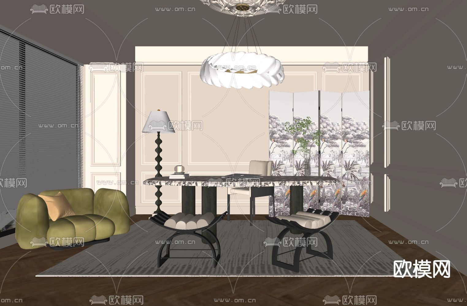 中古风书房su模型下载（渲染图1）