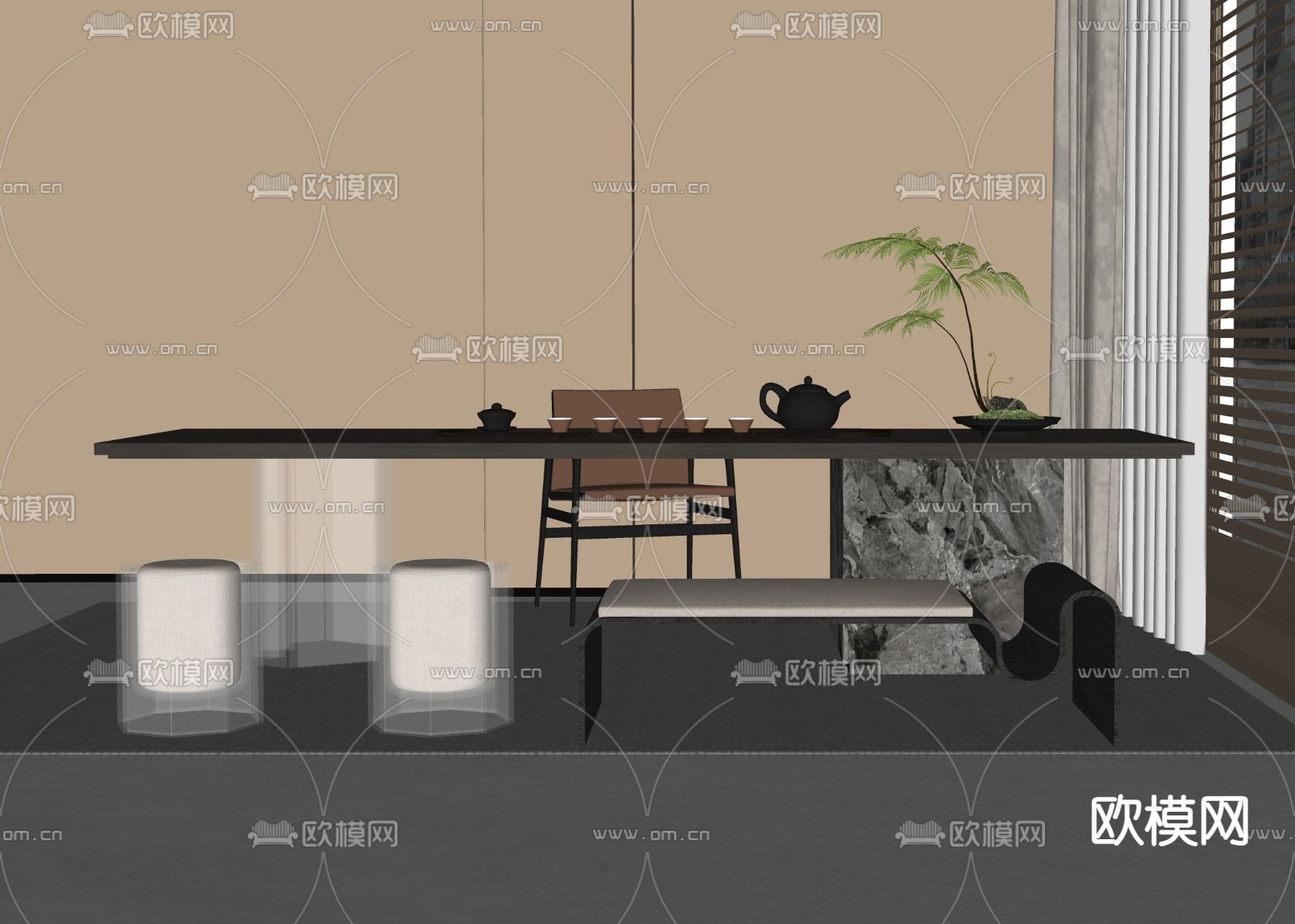 现代茶桌椅su模型下载（渲染图1）