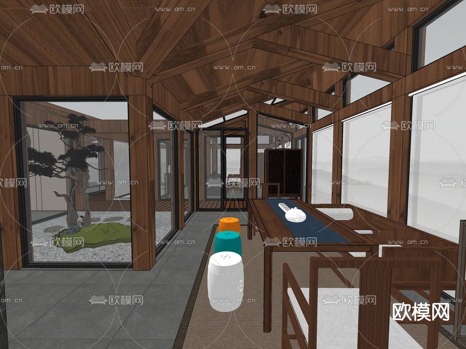 新中式茶室su模型下载（渲染图1）