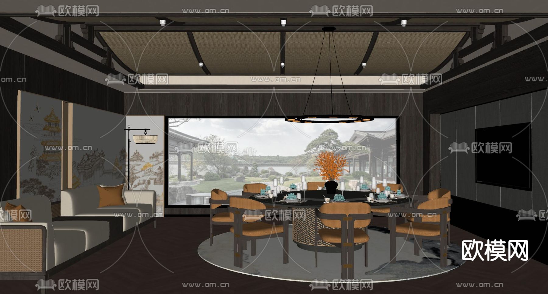 新中式餐厅包间su模型下载（渲染图1）