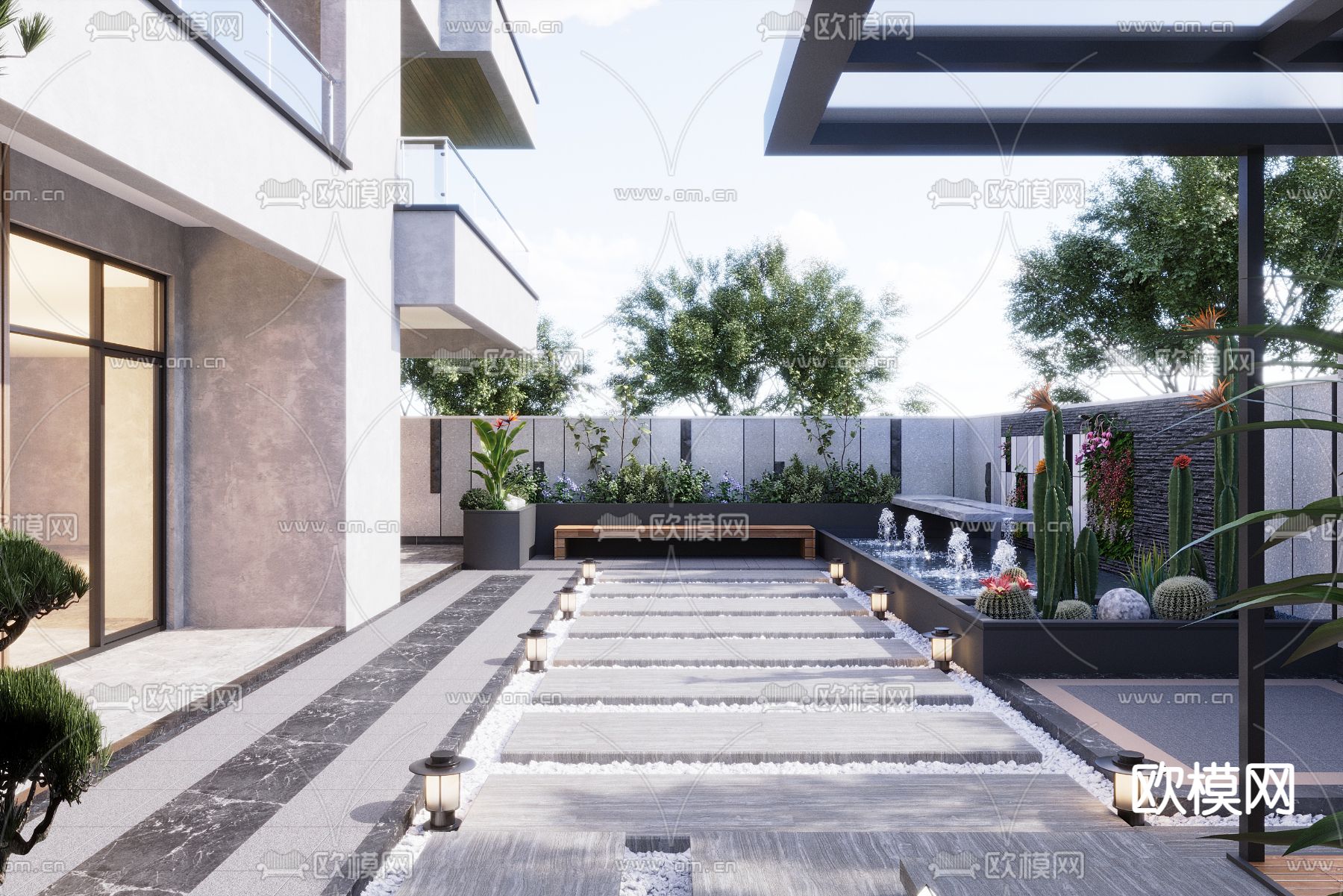 别墅花园 庭院景观3d模型下载（渲染图1）