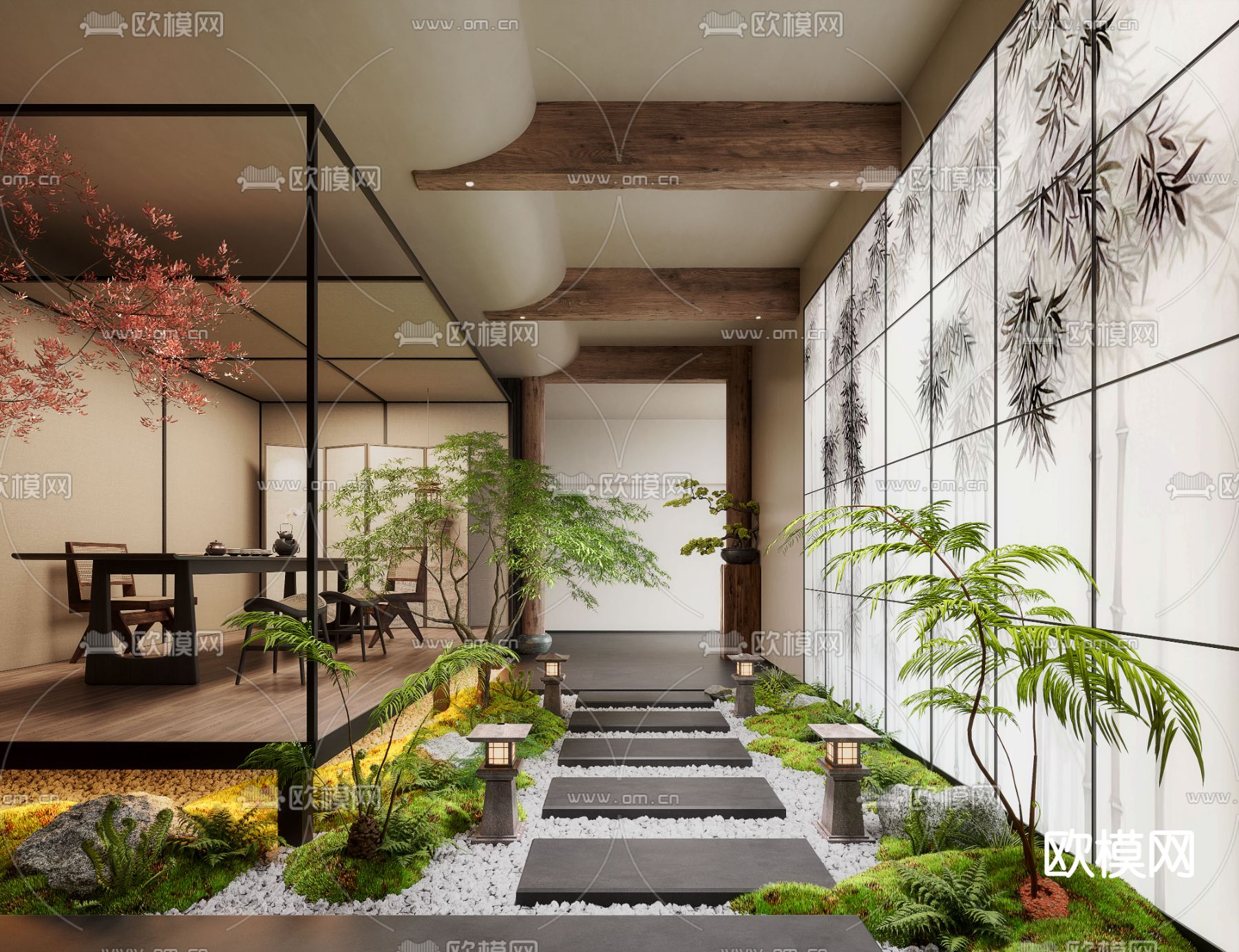 新中式茶室 室内造景 枯山水3d模型下载