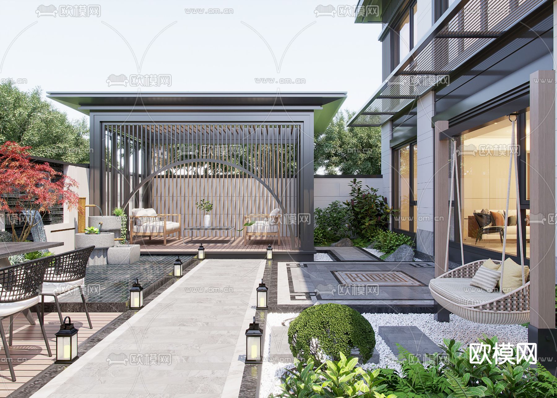 别墅花园 庭院景观3d模型下载（渲染图1）