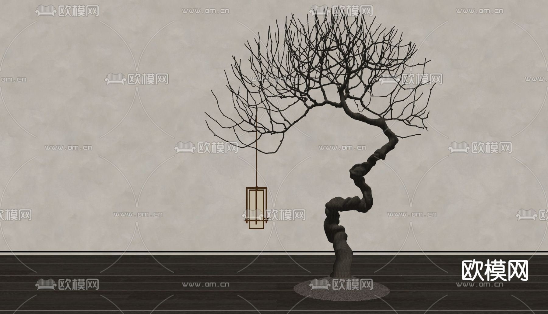 侘寂风树枝落地灯su模型下载（渲染图1）