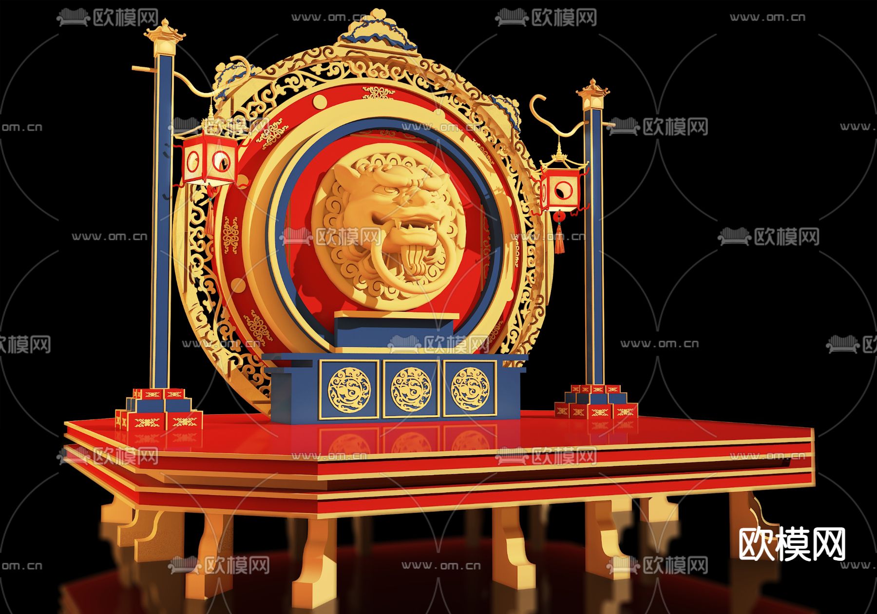 新中式网红美陈 户外装置 演绎舞台 国潮舞台3d模型下载（渲染图1）