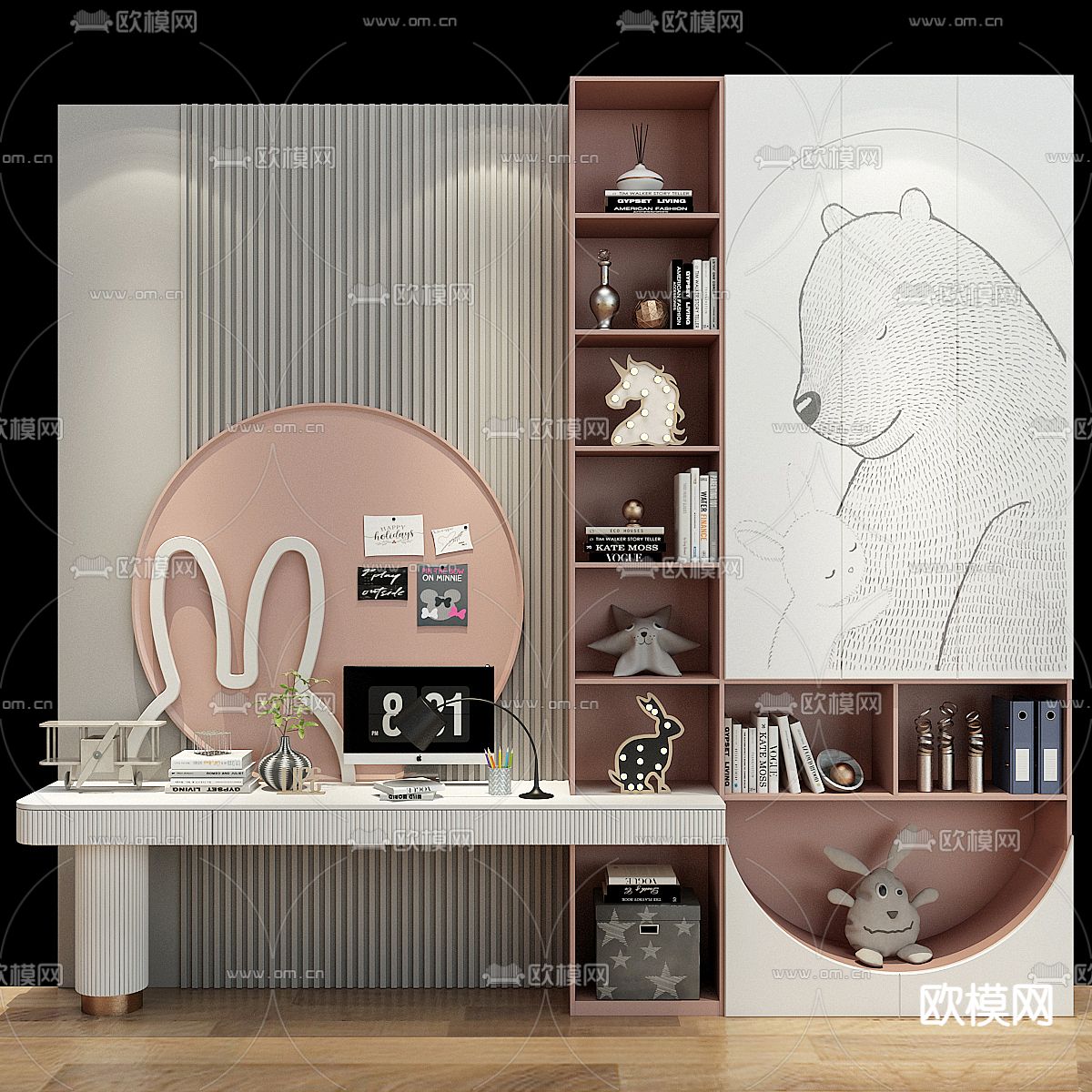 儿童书柜 书桌一体柜3d模型下载