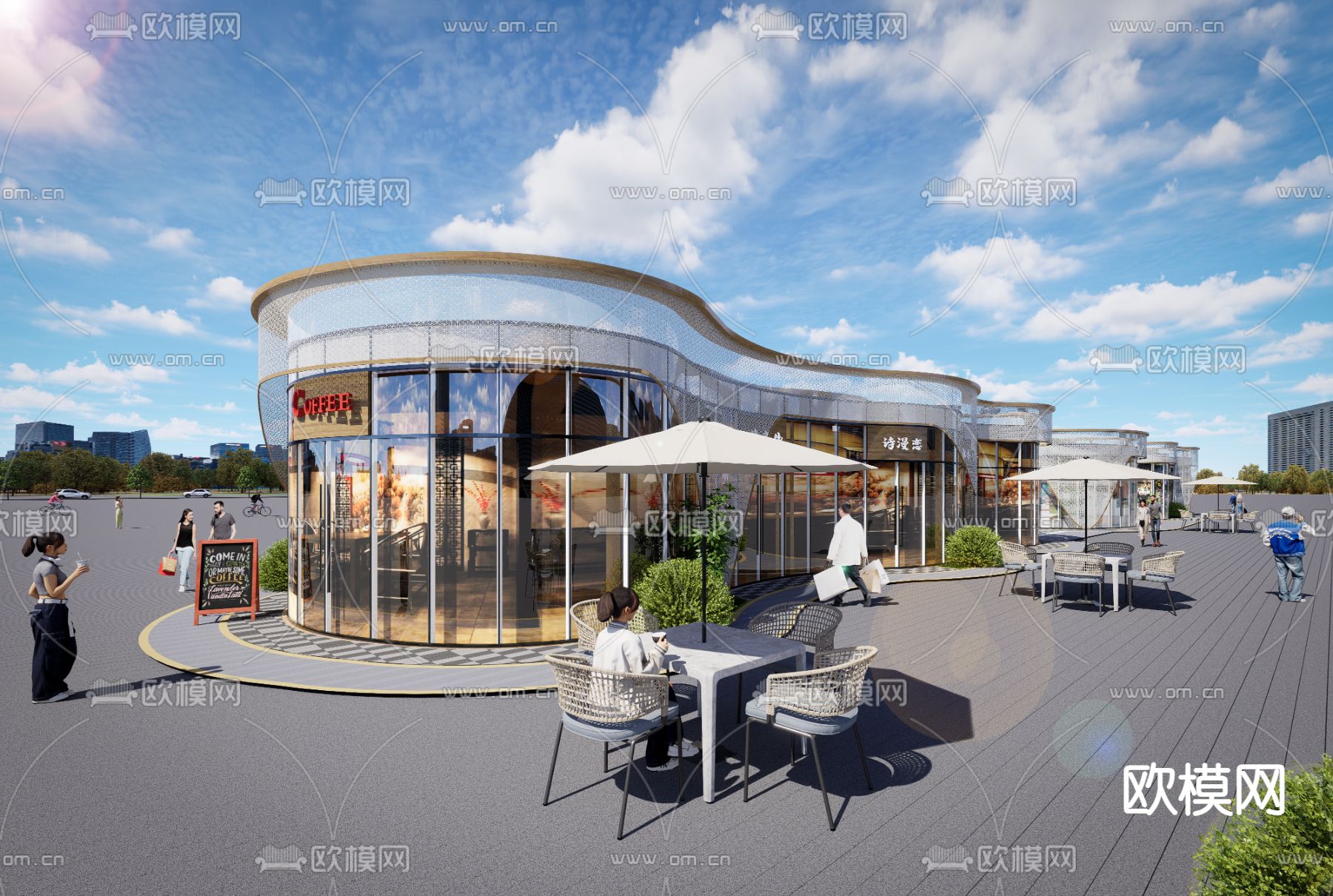 现代曲线商铺su模型下载（渲染图2）