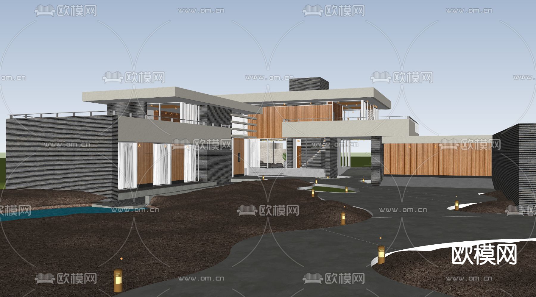 现代独栋别墅su模型下载（渲染图1）