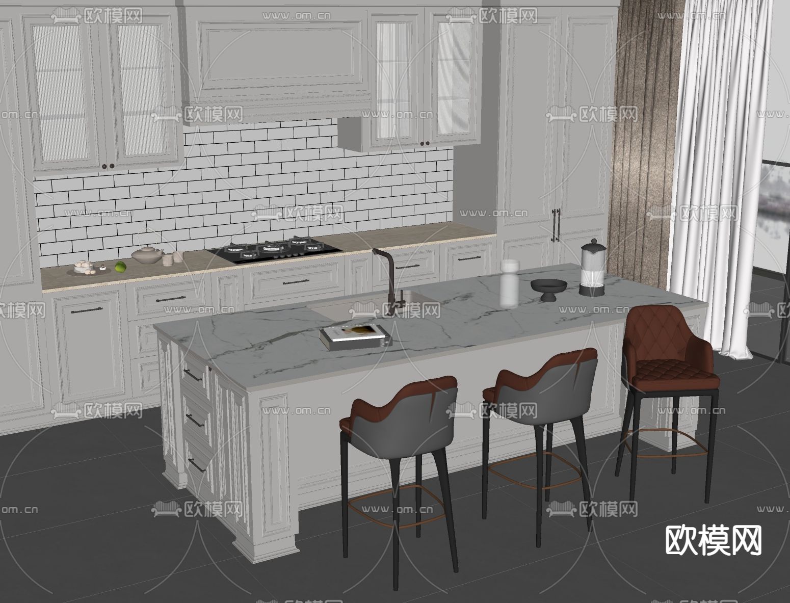 美式吧台餐桌椅su模型下载（渲染图1）