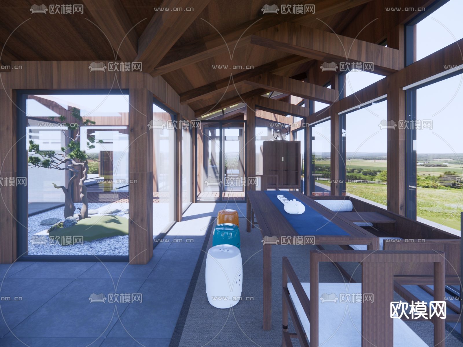 新中式茶室su模型下载（渲染图2）