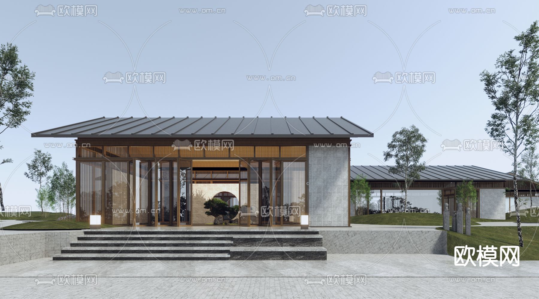 新中式会客厅 会所外观3d模型下载