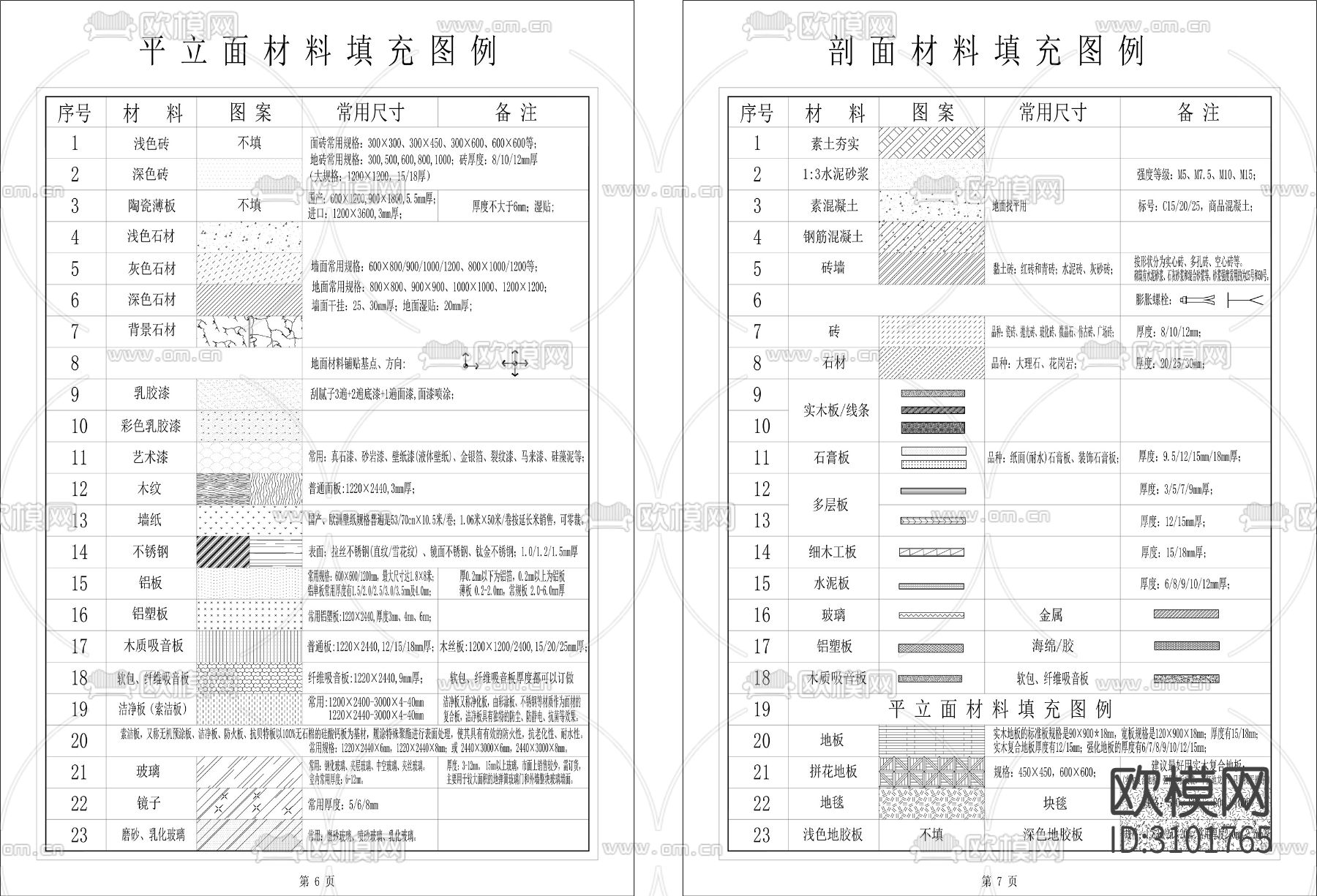 平立剖面材料填充图例cad图库下载（渲染图2）
