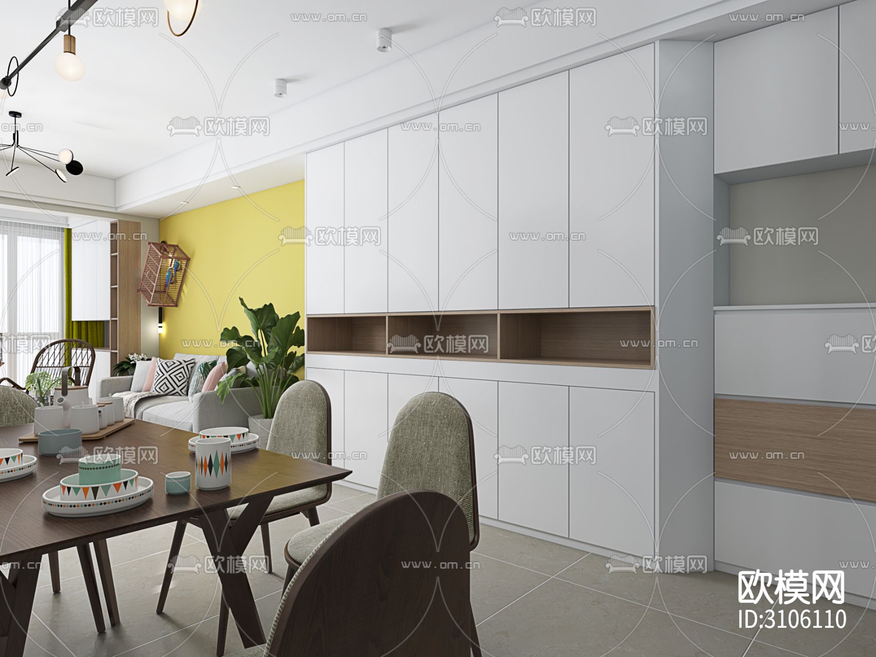 80㎡现代二居室家装室内cad施工图下载（渲染图2）