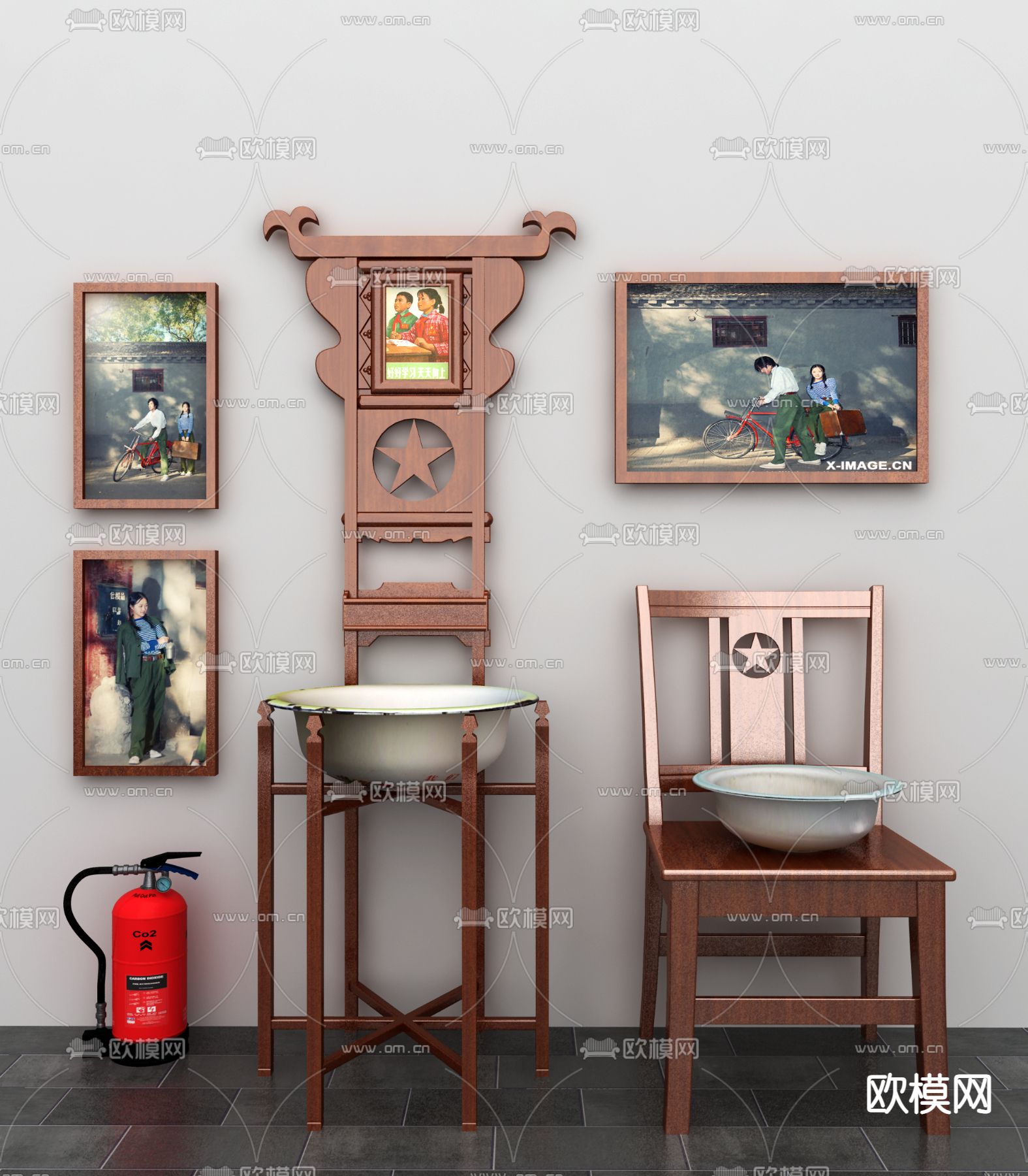 民国风老物件 洗脸盆 照片墙 单椅3d模型下载