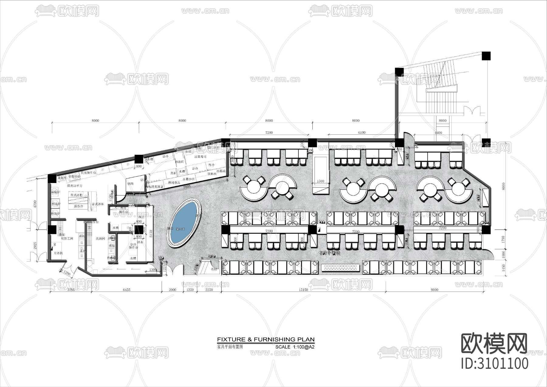 550㎡自助海鲜火锅店cad平面图下载