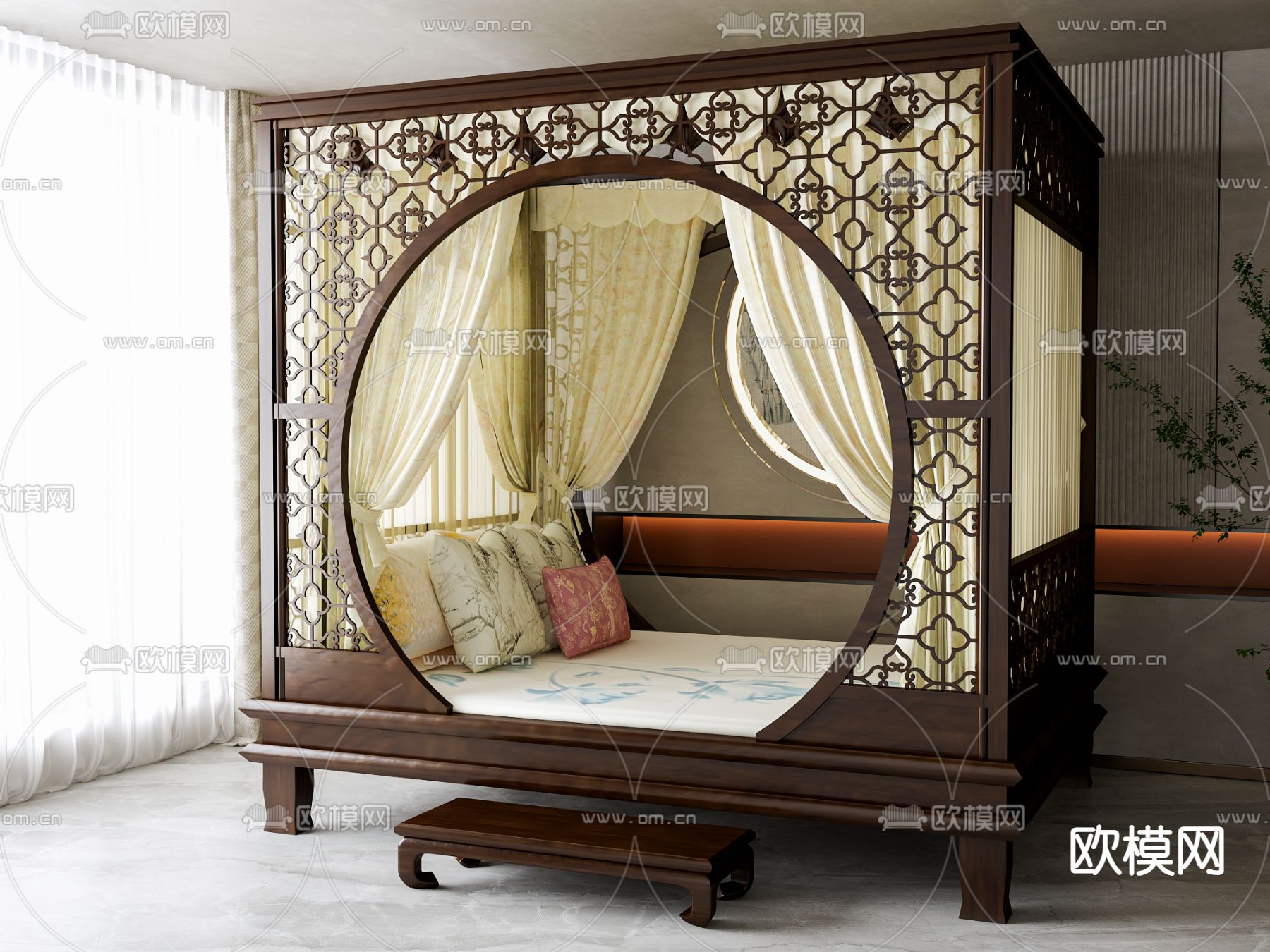 中式双人床3d模型下载