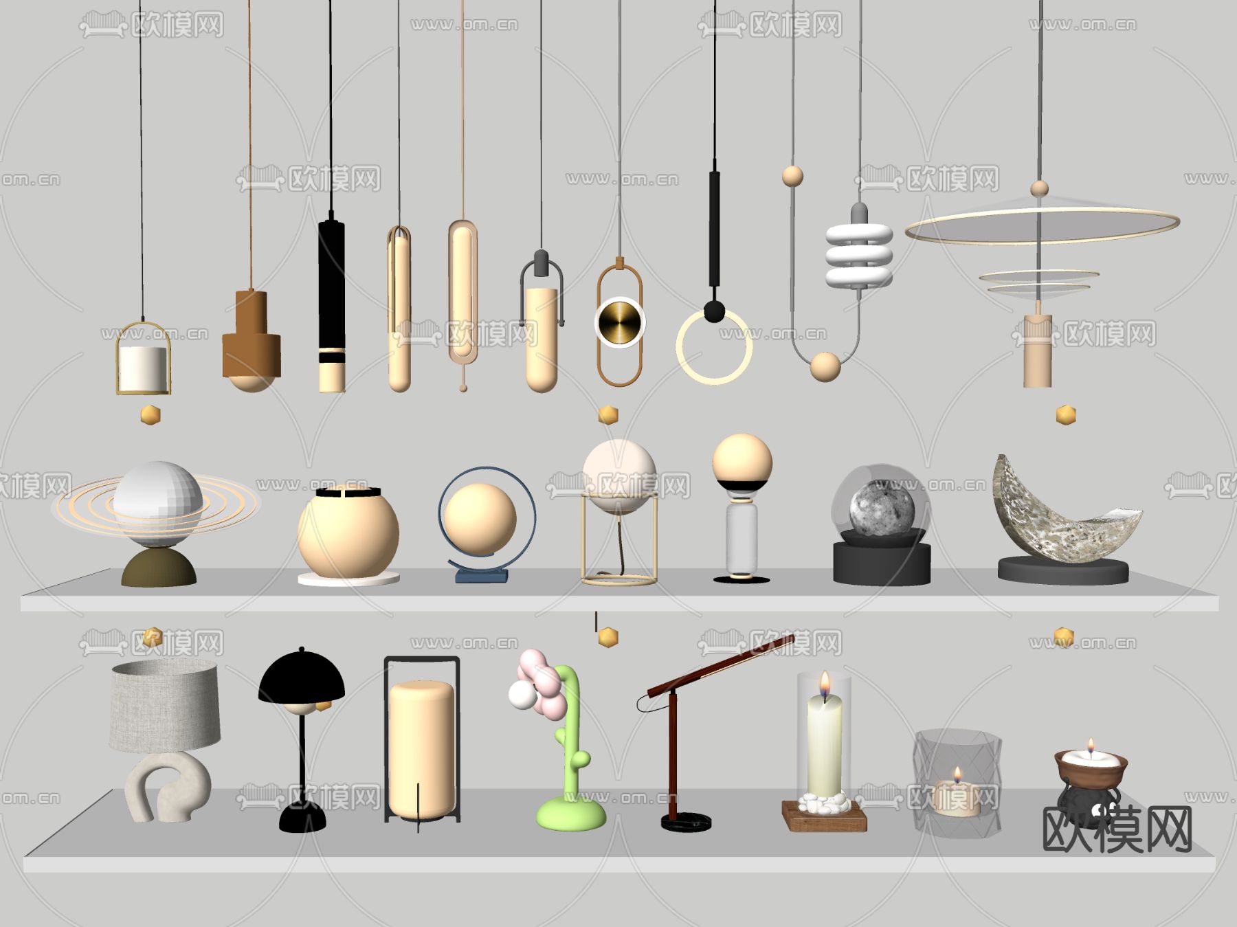 现代台灯 烛台灯 吊灯su模型下载（渲染图1）