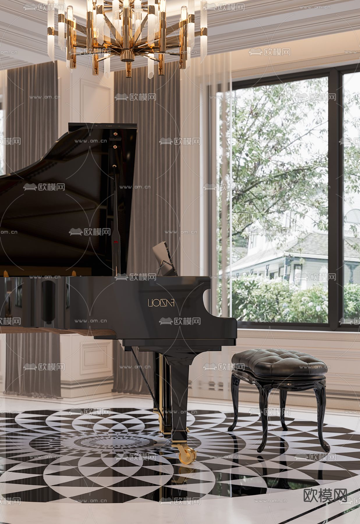 美式钢琴房 钢琴3d模型下载（渲染图1）