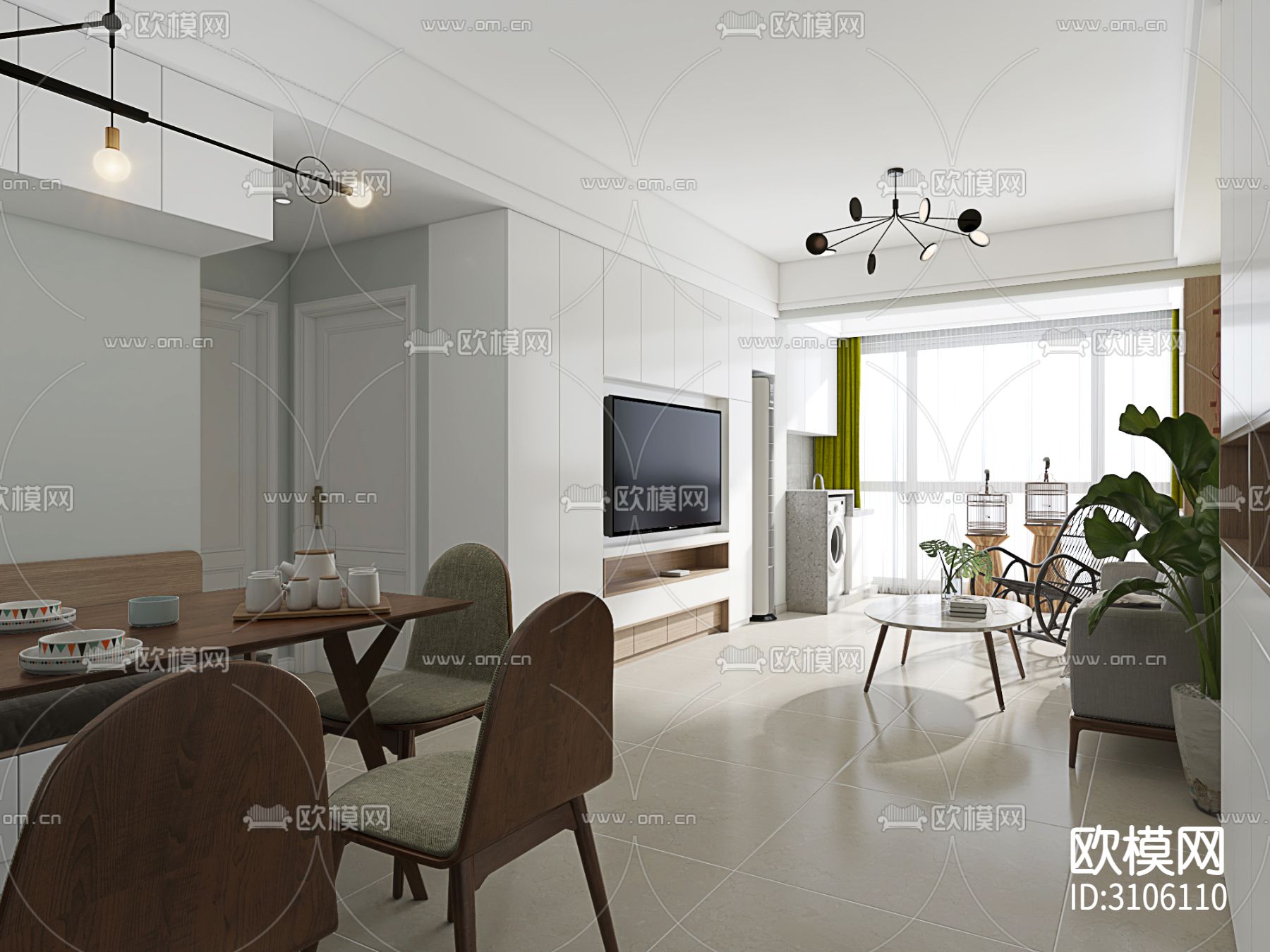 80㎡现代二居室家装室内cad施工图下载（渲染图4）