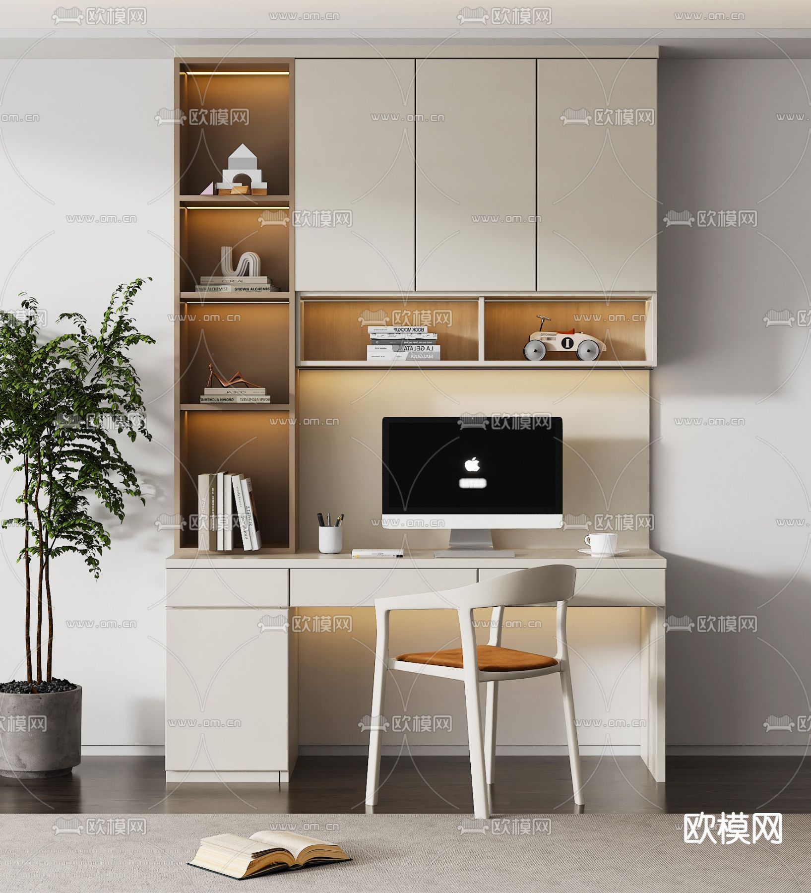 奶油风书桌 书柜3d模型下载