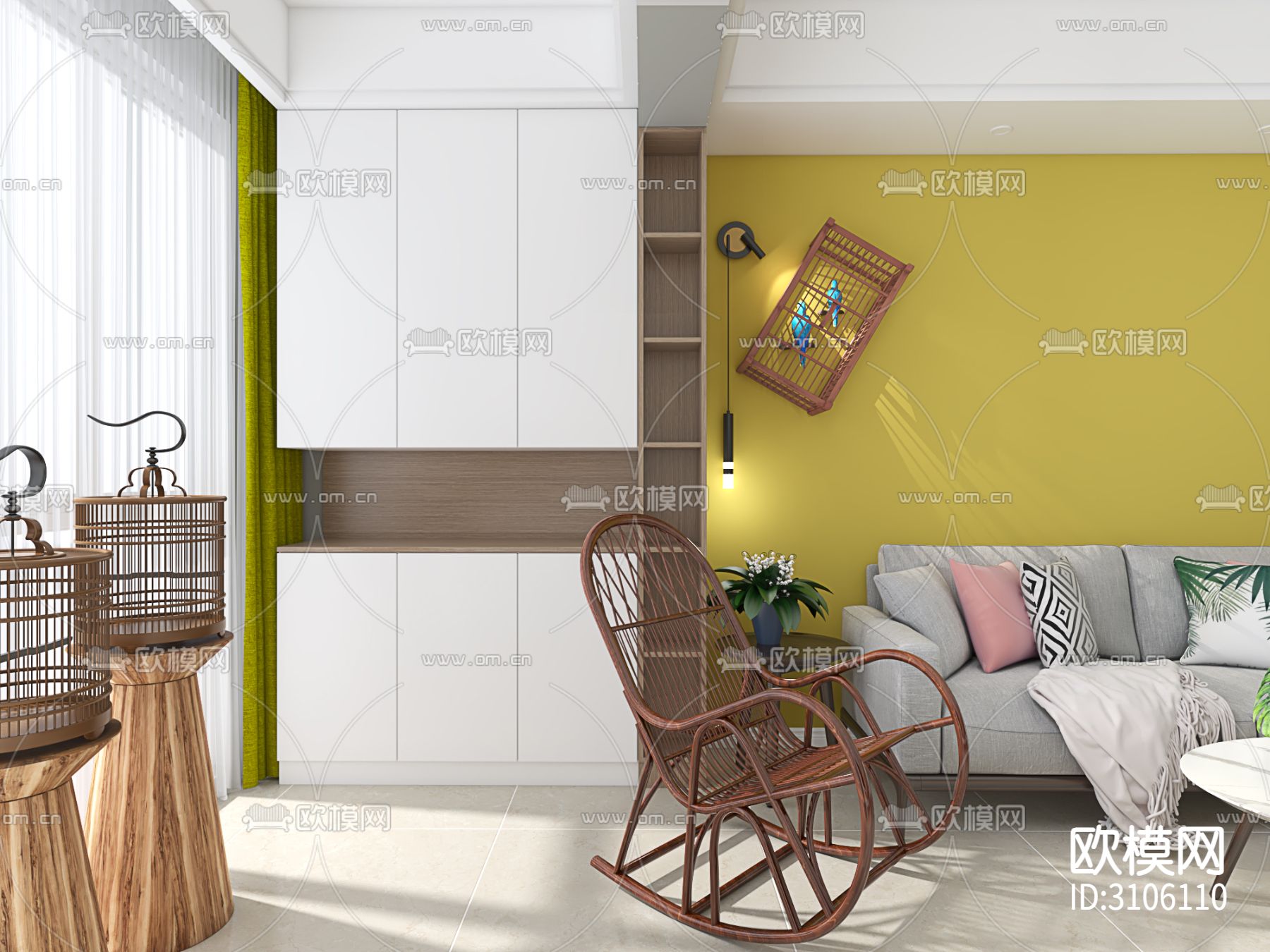 80㎡现代二居室家装室内cad施工图下载（渲染图1）