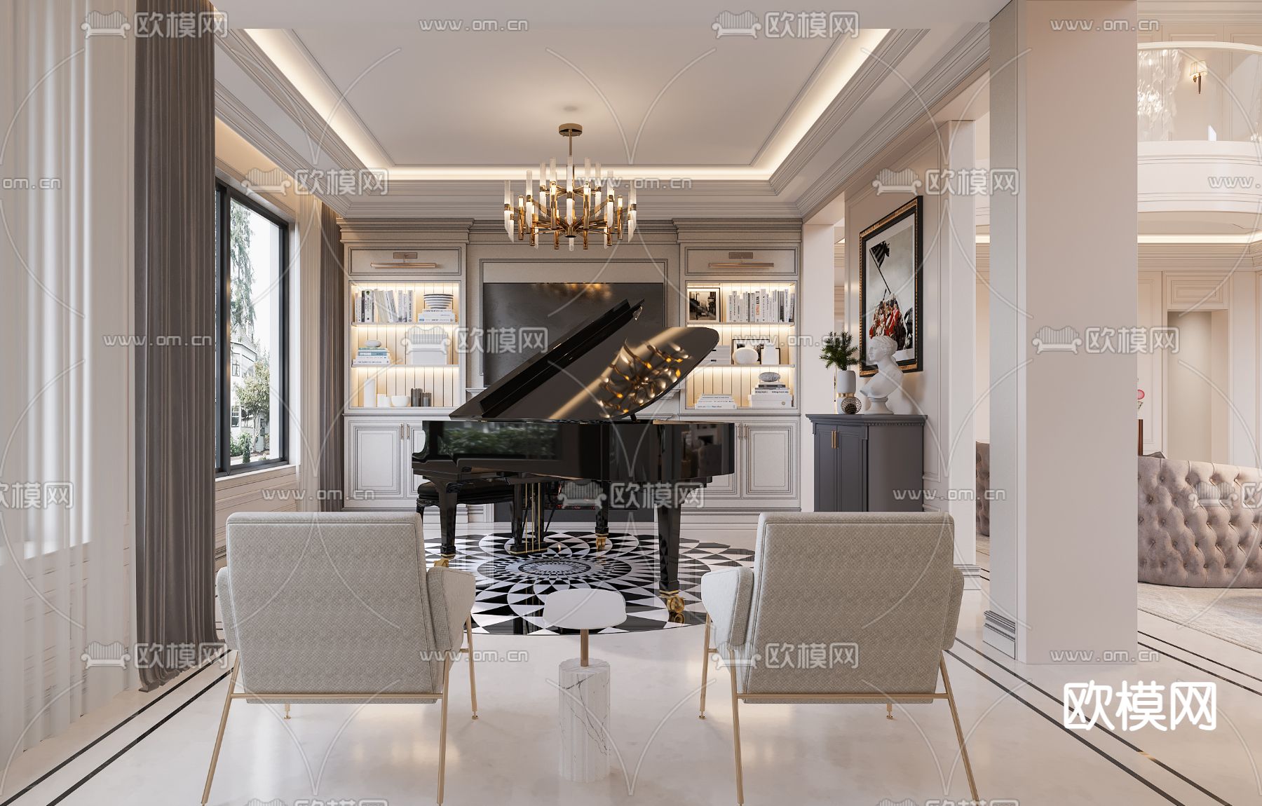 美式钢琴房 钢琴3d模型下载（渲染图2）