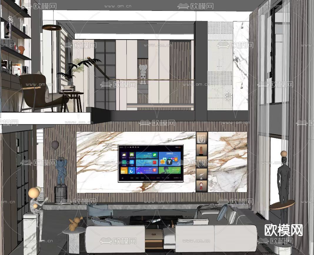 挑空别墅客厅su模型下载（渲染图2）