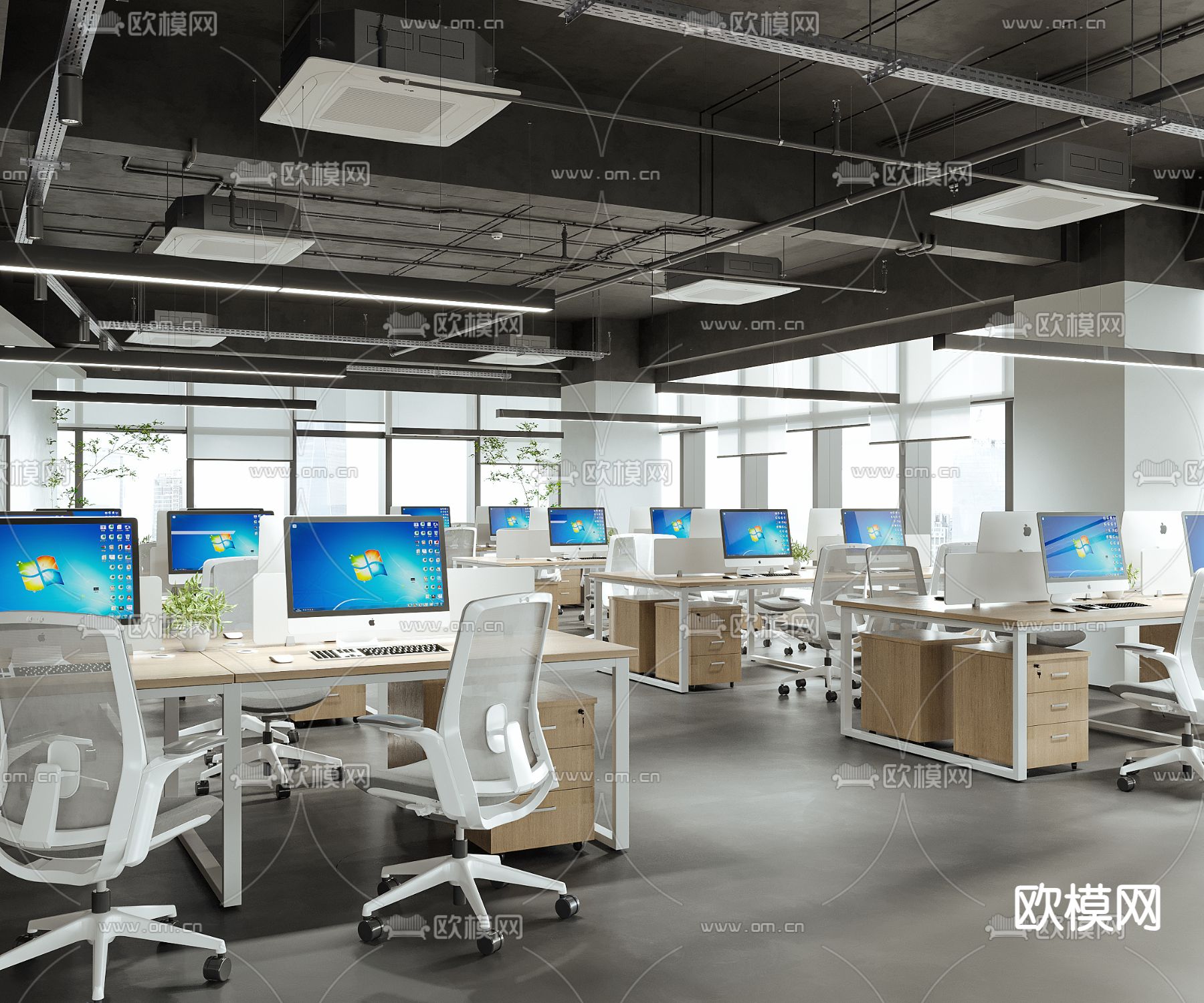 现代公共办公室  办公区su模型下载（渲染图1）