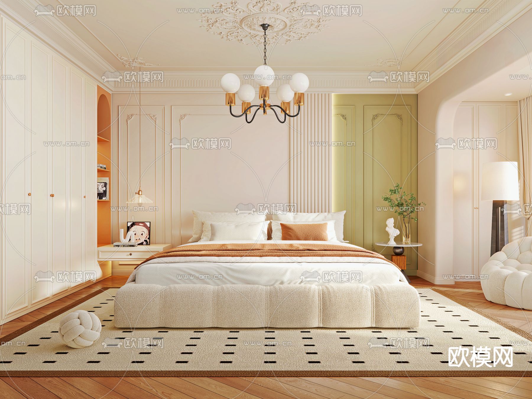 奶油风卧室 主卧 主人房3d模型下载（渲染图2）