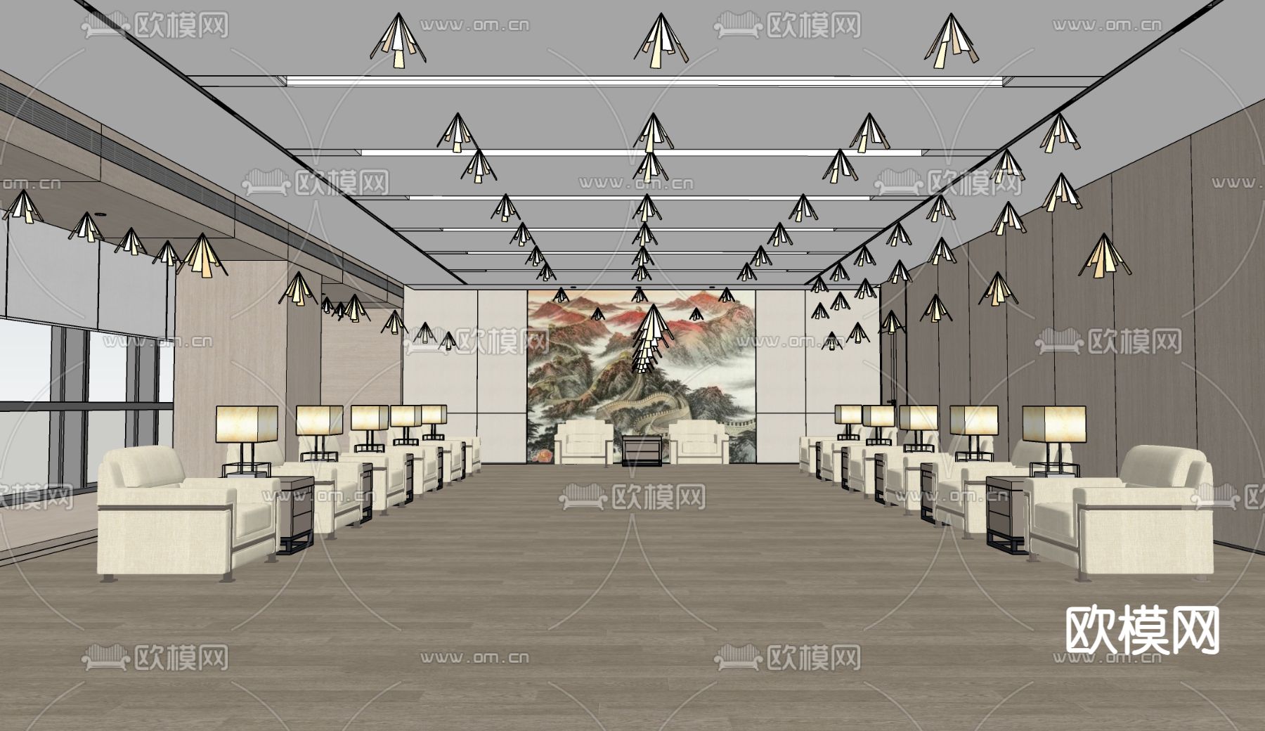 新中式接待室su模型下载（渲染图2）