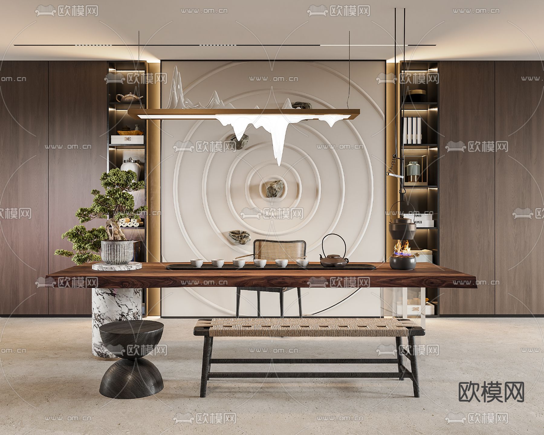 新中式茶室su模型下载（渲染图2）