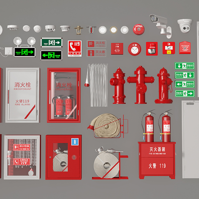  现代消防器材 消防栓 灭火器 防火门su模型 