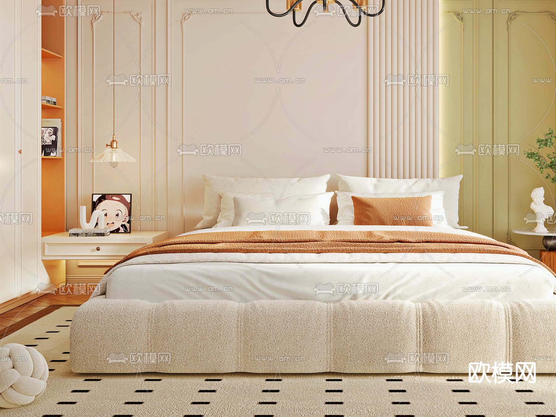 奶油风卧室 主卧 主人房3d模型下载（渲染图1）