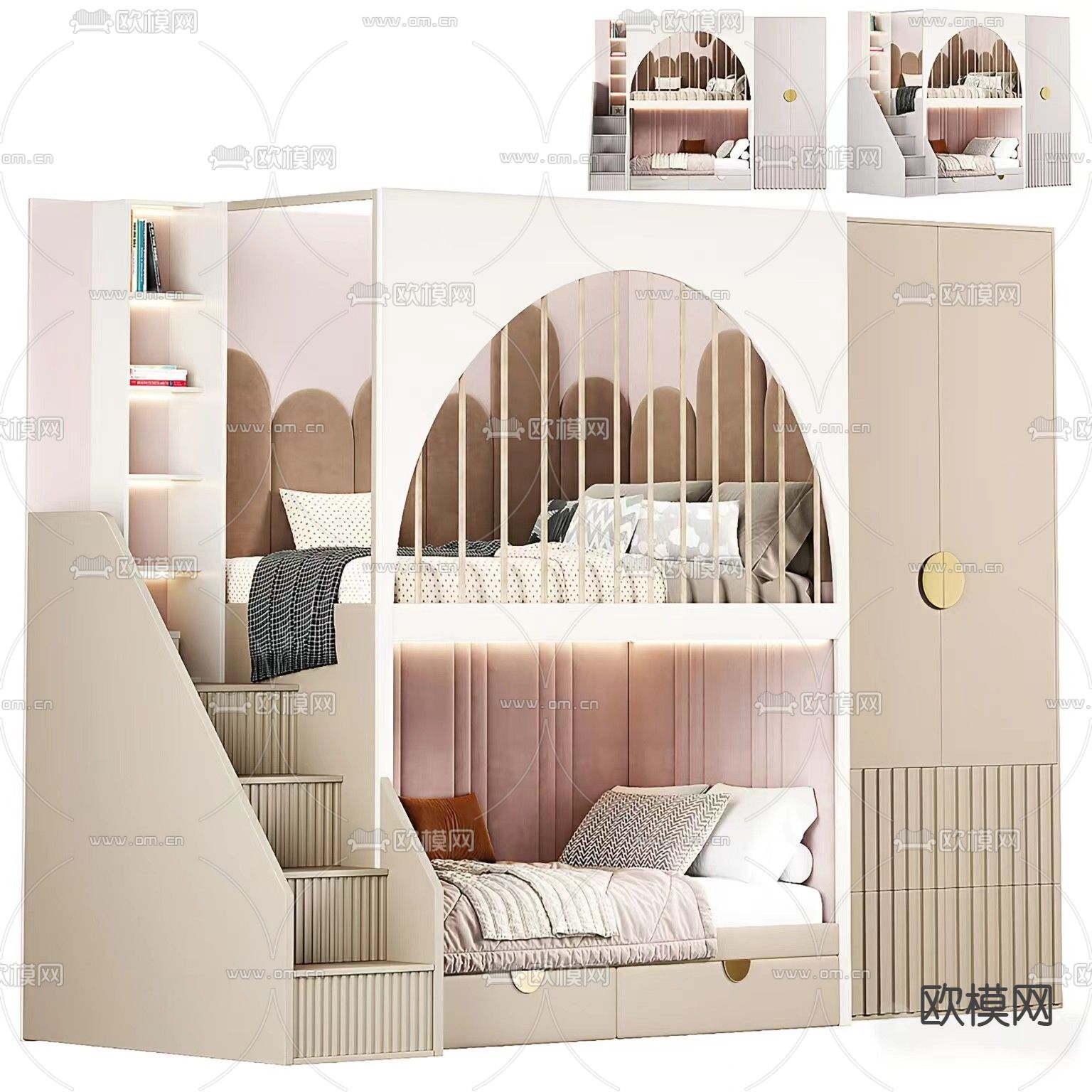 现代儿童床 上下铺3d模型下载（渲染图2）