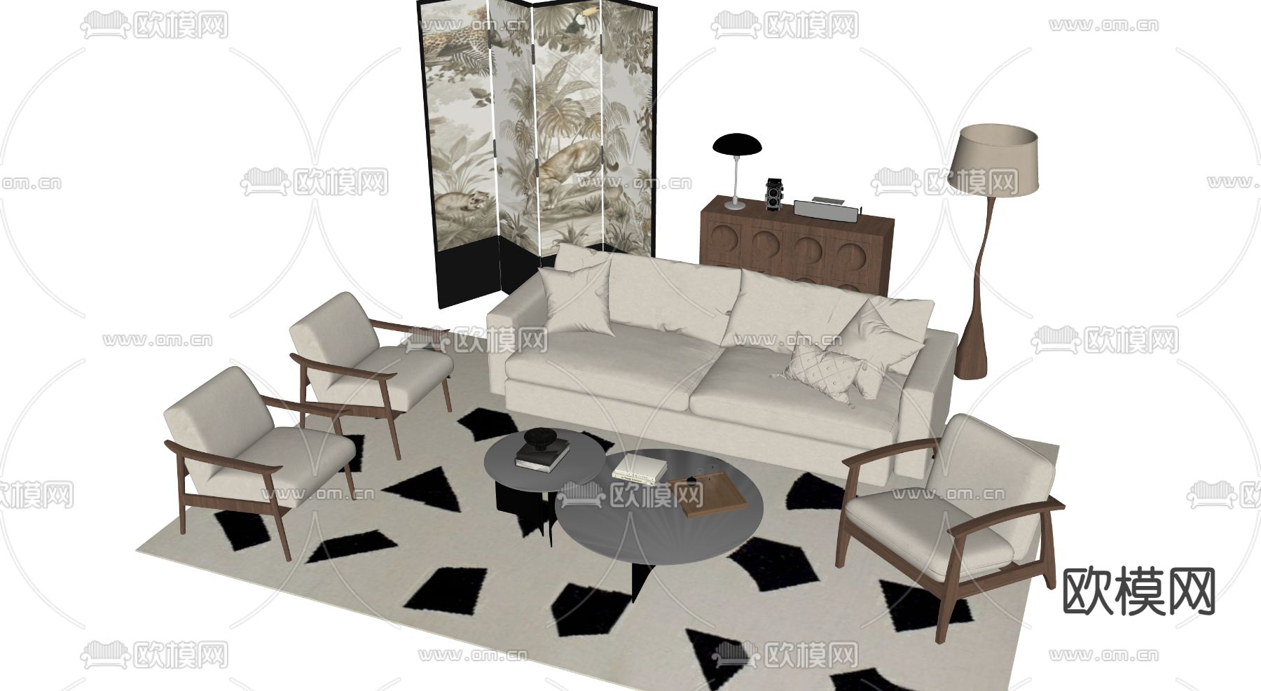 中古风沙发 组合沙发su模型下载（渲染图2）