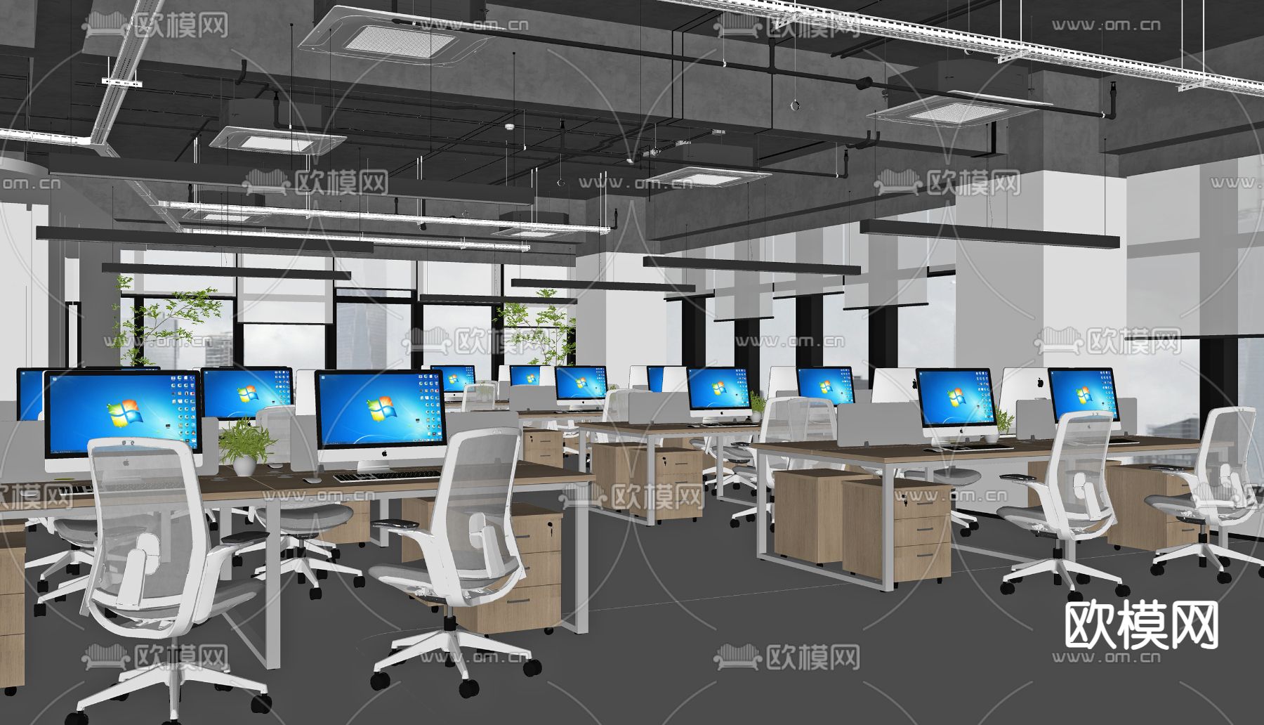 现代公共办公室  办公区su模型下载（渲染图2）