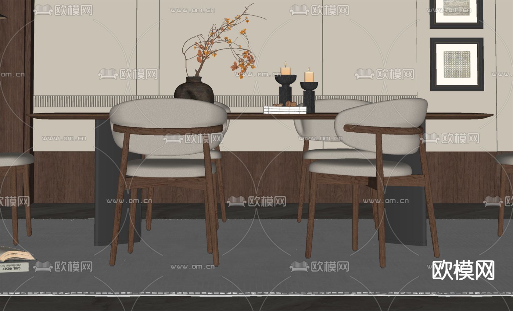 中古风餐桌椅su模型下载（渲染图2）