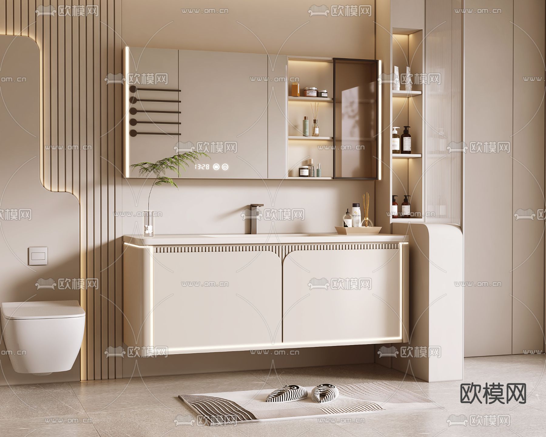 奶油风浴室柜 洗手台 镜柜3d模型下载
