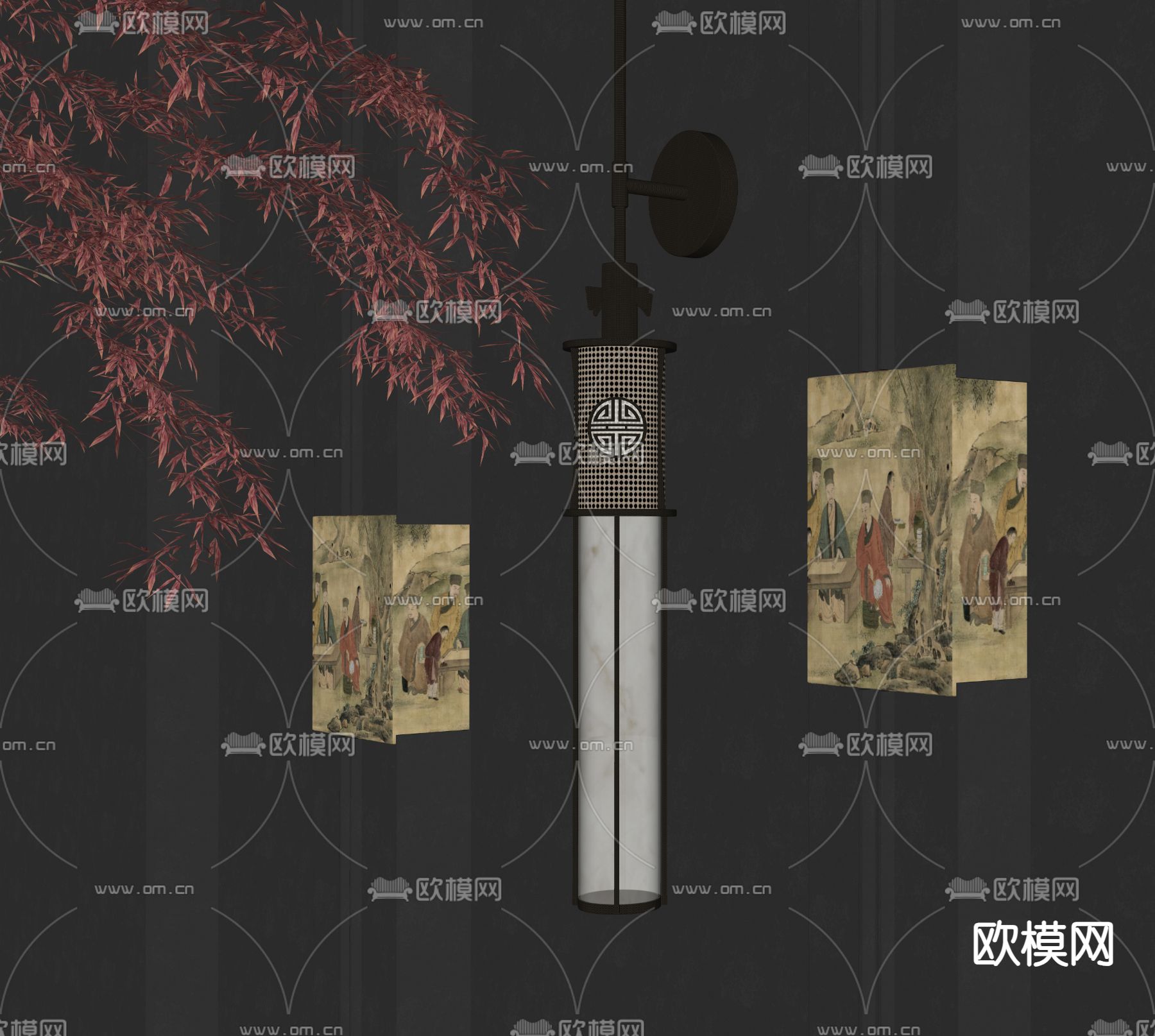 新中式长条壁灯su模型下载（渲染图2）