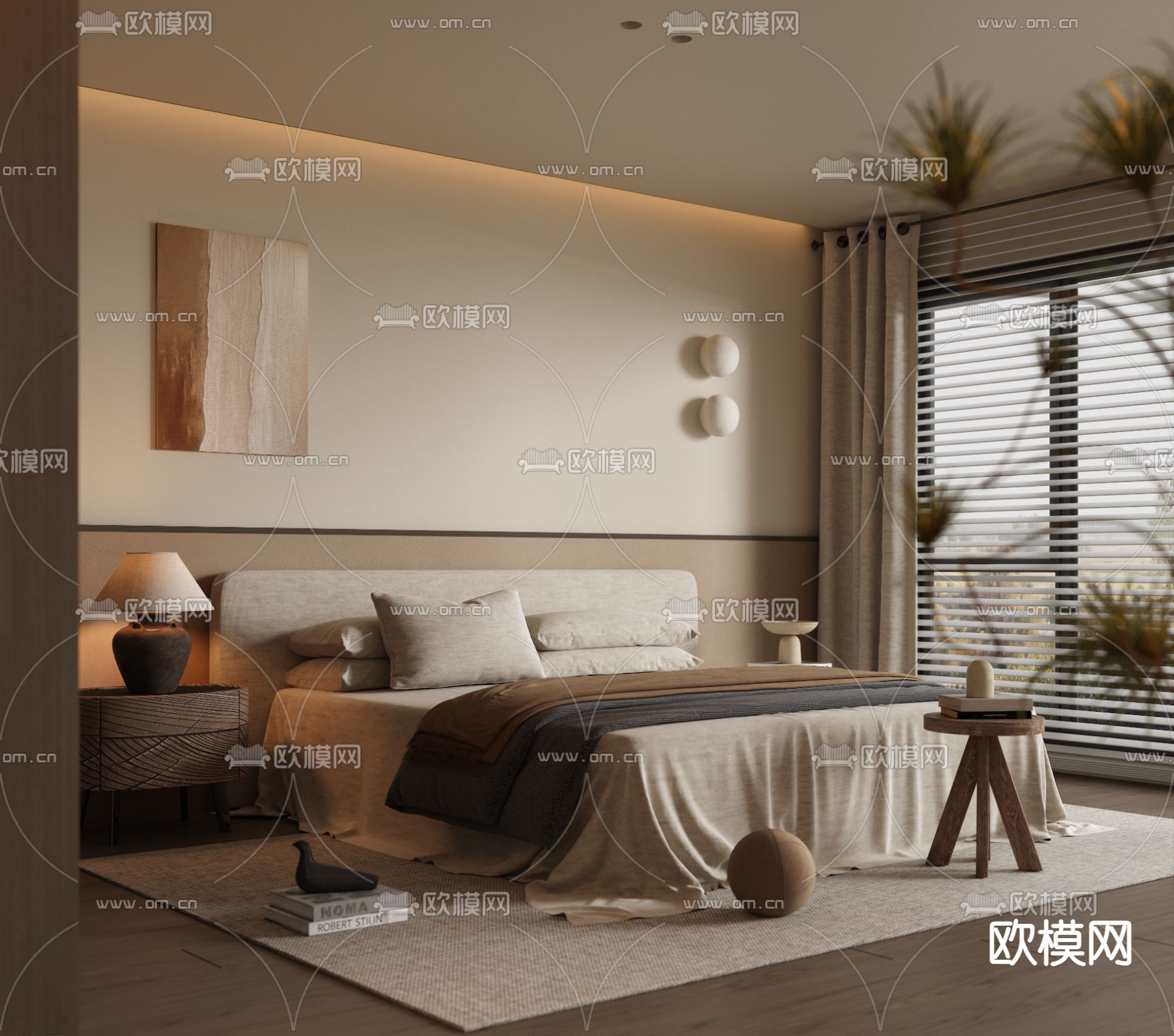 中古风卧室 双人床su模型下载（渲染图1）