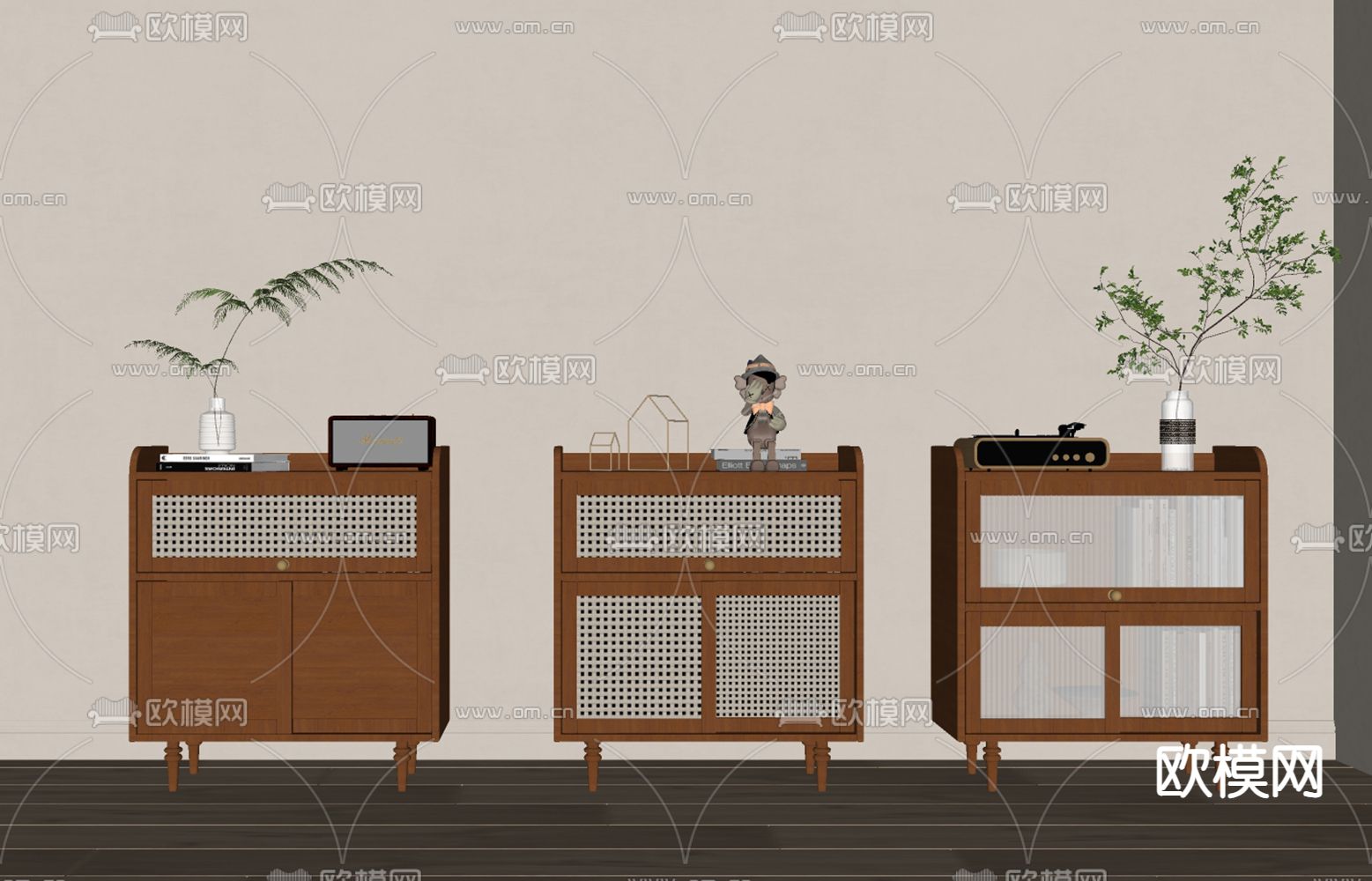 中古风边柜 床头柜su模型下载（渲染图1）