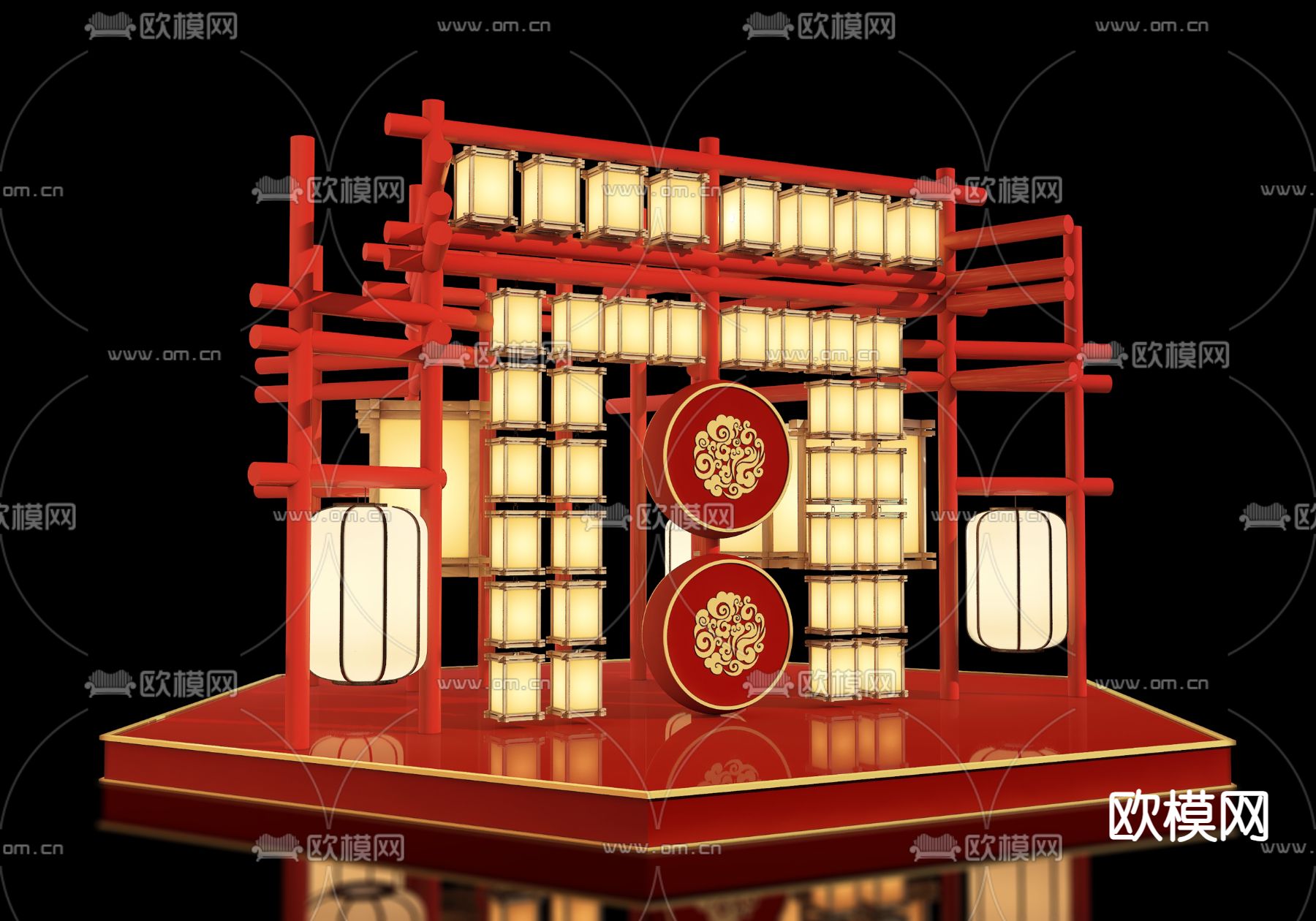 新中式网红美陈 灯墙 灯笼打卡墙 演绎舞台su模型下载（渲染图1）