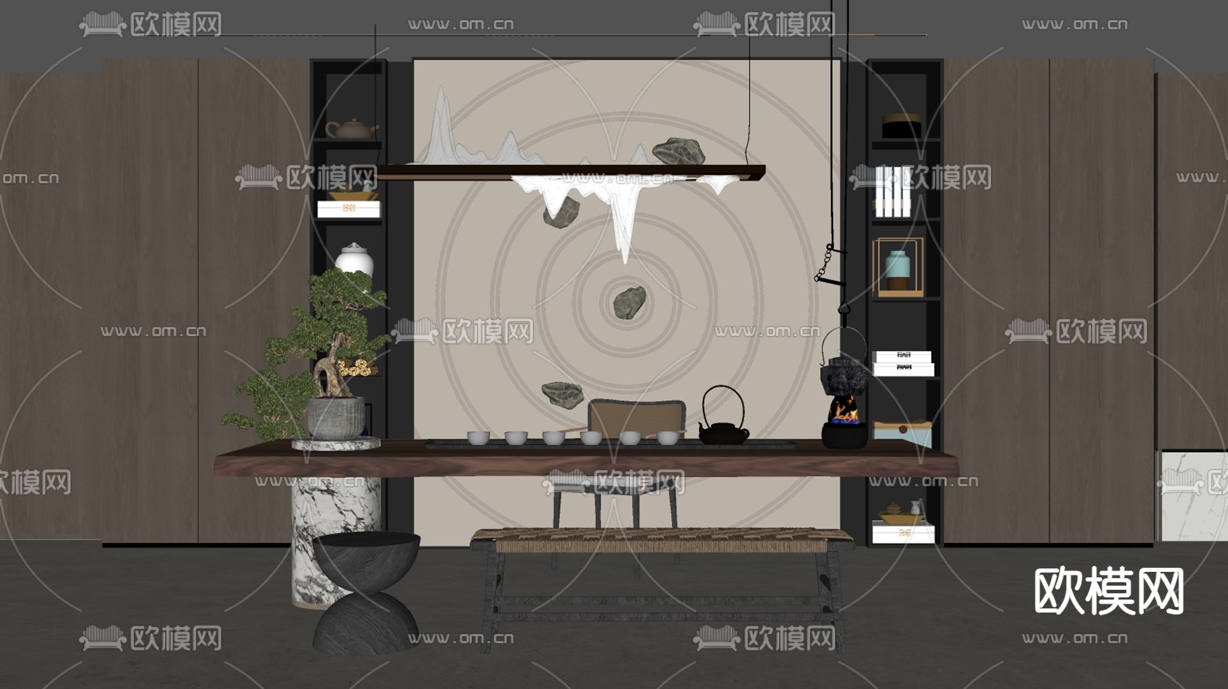新中式茶室su模型下载（渲染图1）