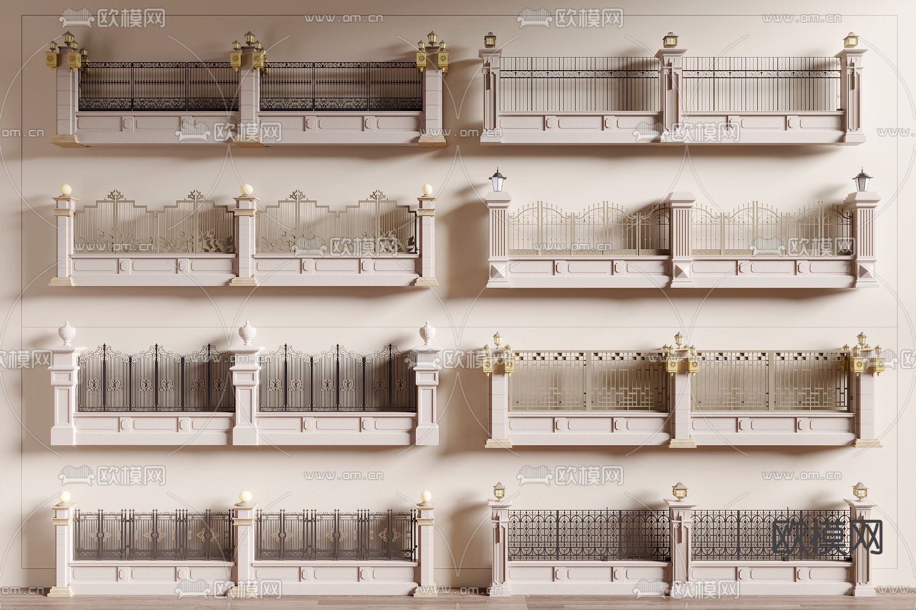简欧景墙 围墙 庭院墙 栏杆3d模型下载