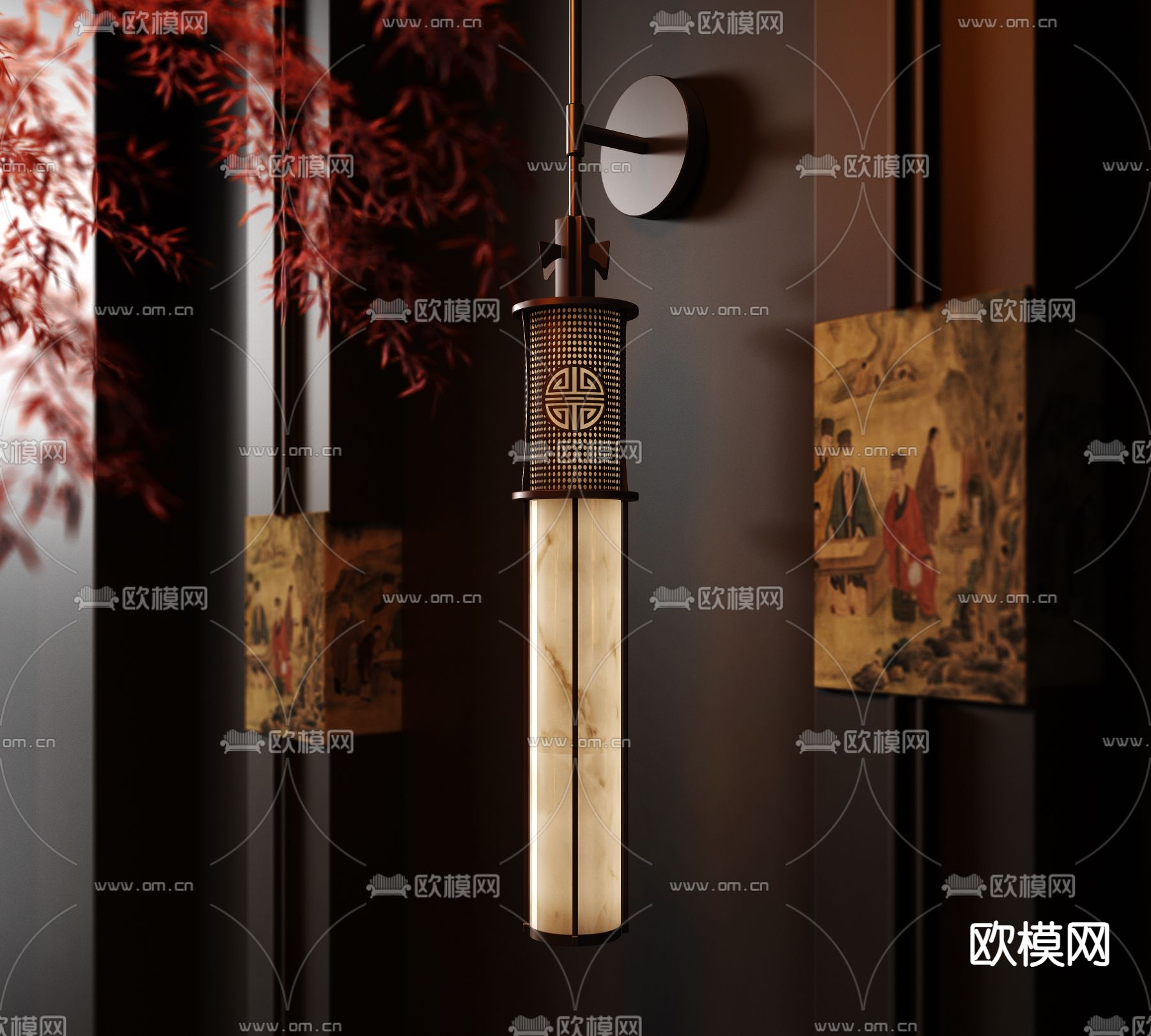 新中式长条壁灯su模型下载（渲染图1）