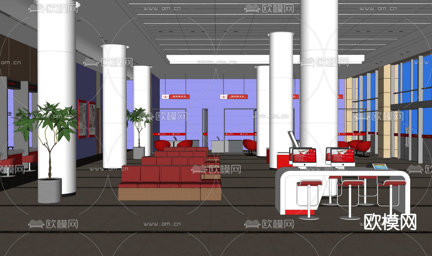 现代银行大堂 办事大厅su模型下载（渲染图1）