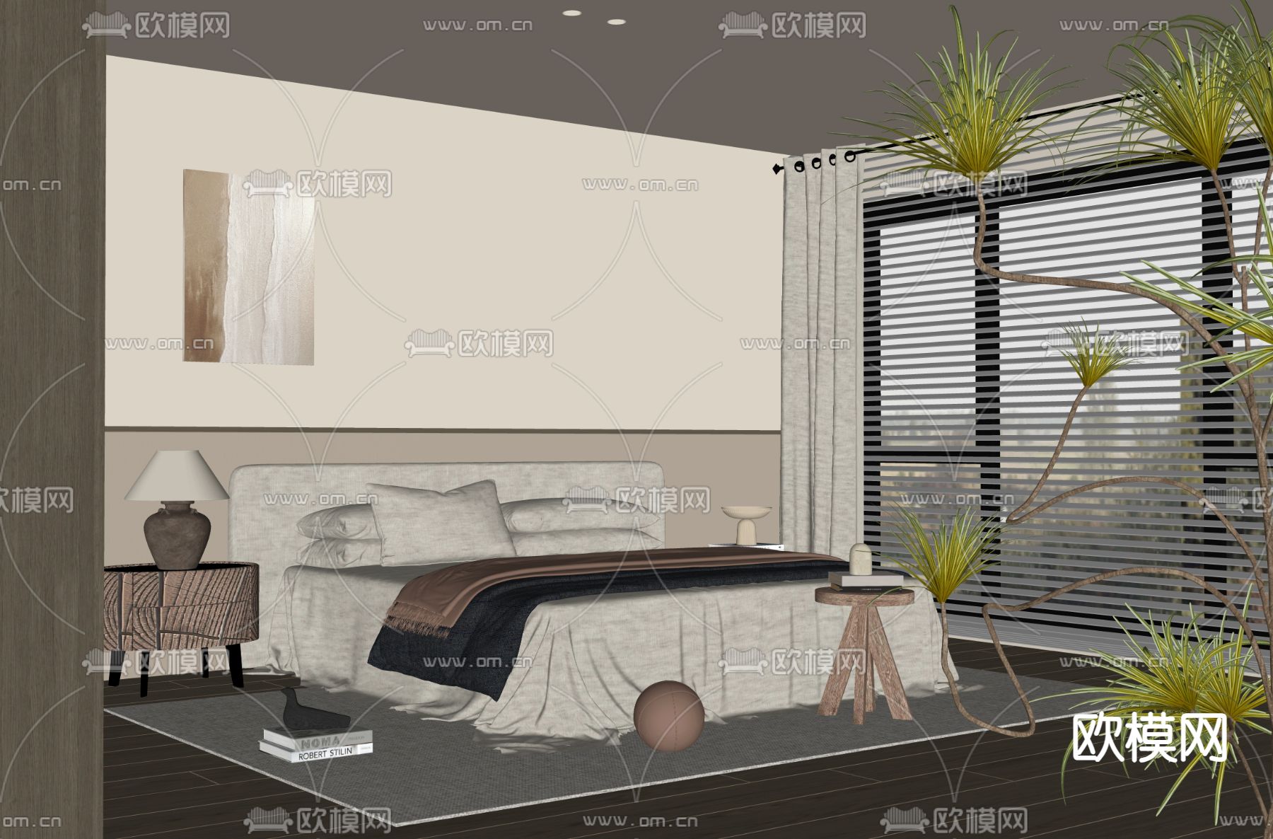 中古风卧室 双人床su模型下载（渲染图2）