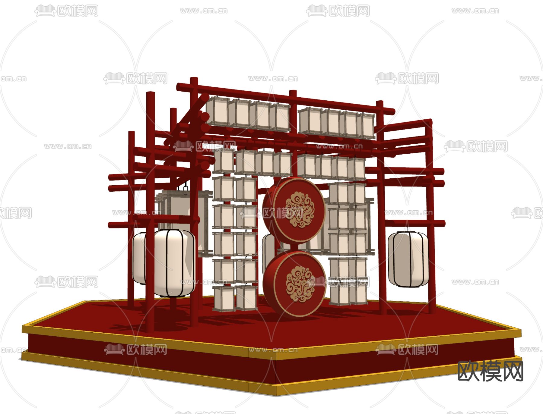 新中式网红美陈 灯墙 灯笼打卡墙 演绎舞台su模型下载（渲染图2）