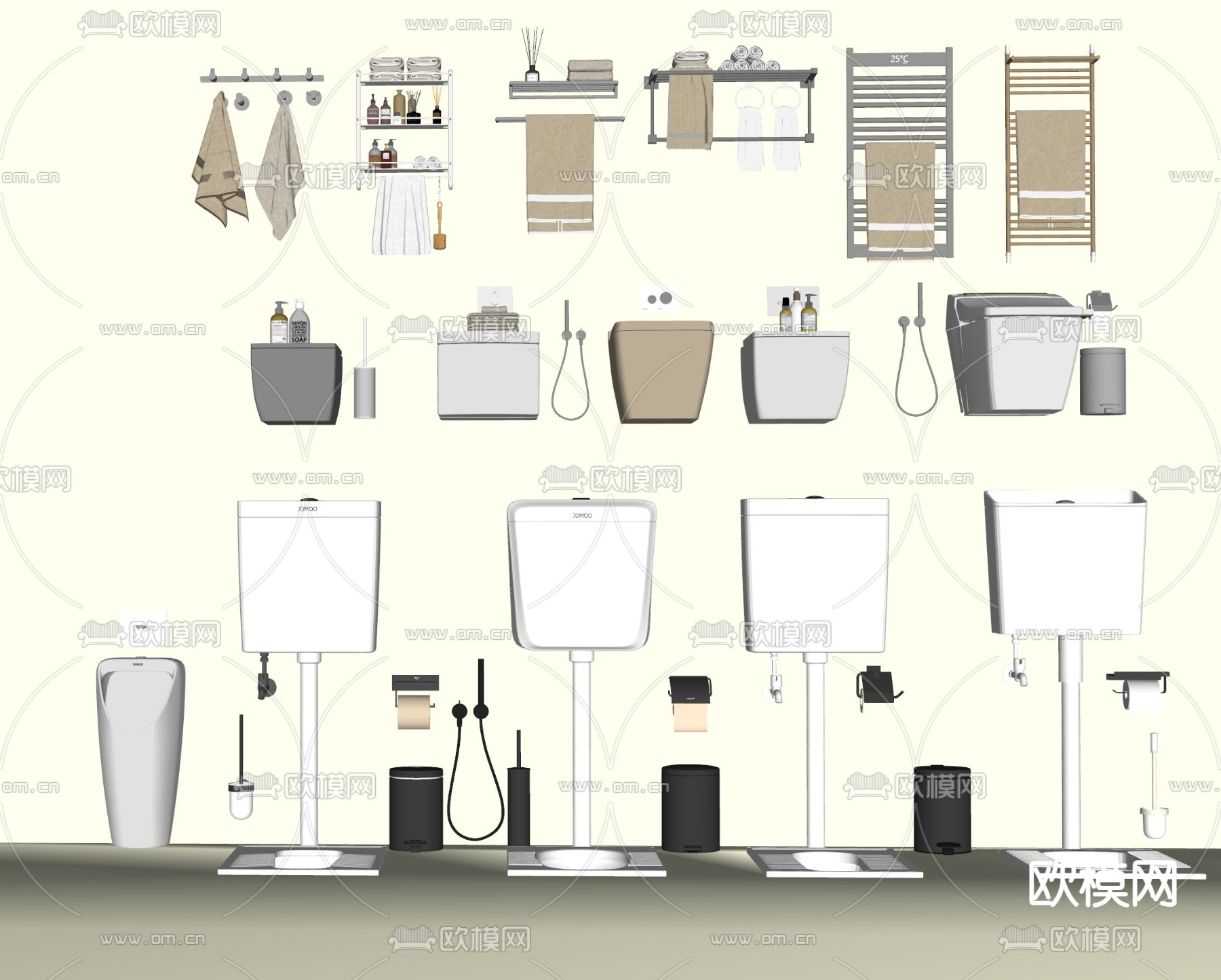 现代马桶 蹲便器 毛巾 置物架 垃圾桶su模型下载（渲染图1）